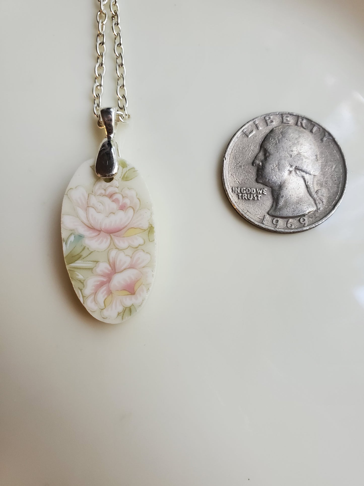 10" Silver Handmade Pink Flower Oval Broken China Necklace