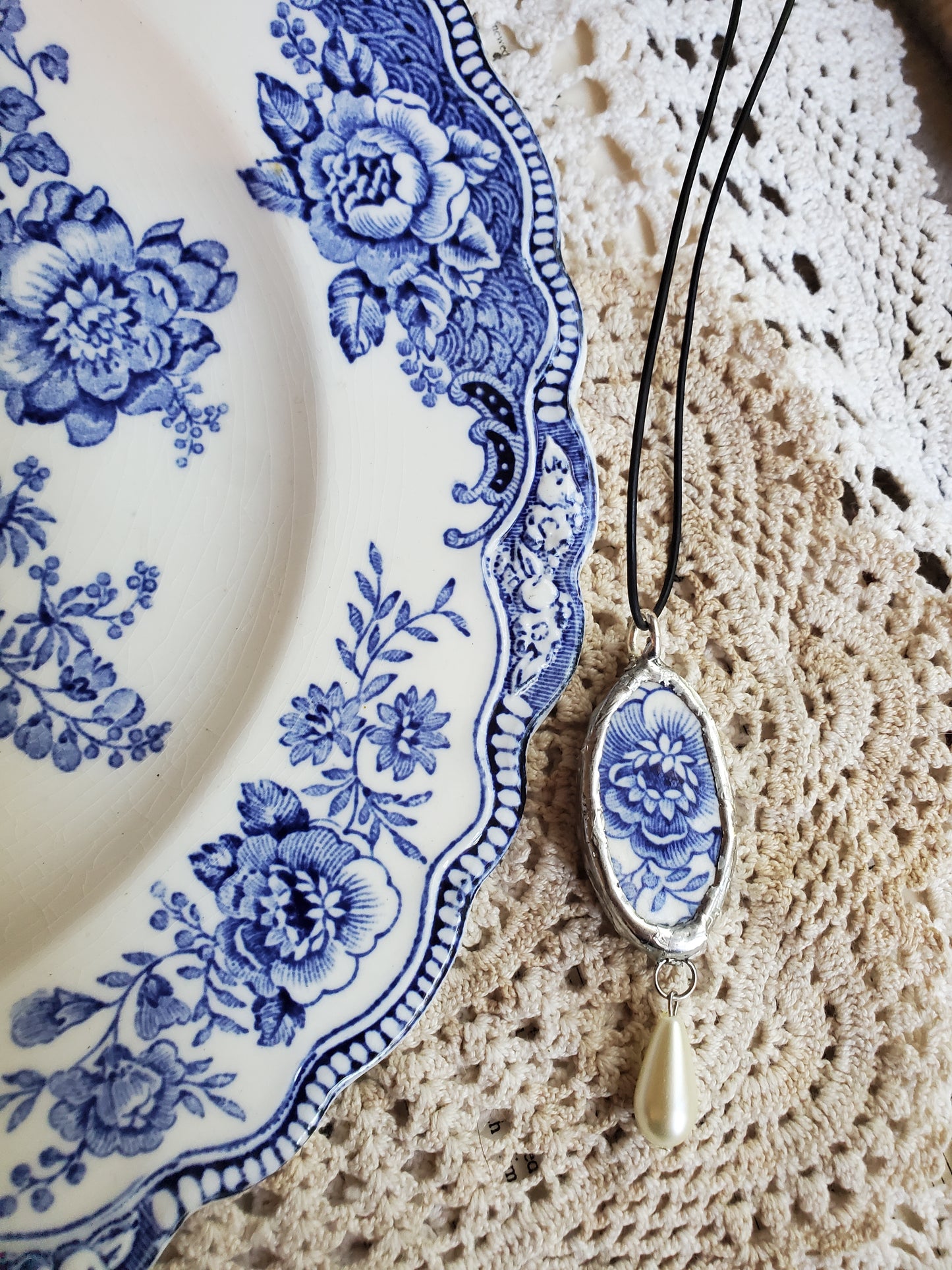 13" Corded Handmade Broken stoneware Blue Bristol plate Necklace with Pearl ( soldered)