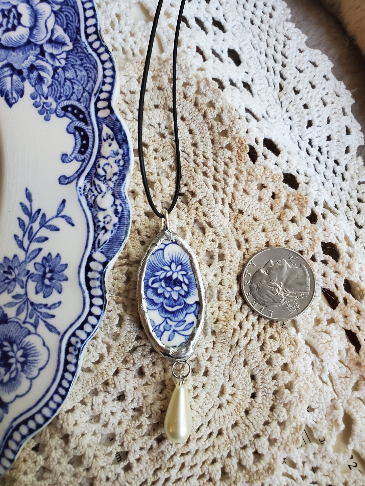 13" Corded Handmade Broken stoneware Blue Bristol plate Necklace with Pearl ( soldered)