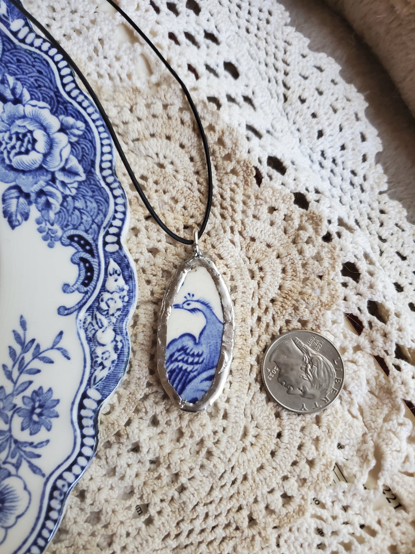 13" Corded Handmade Broken Plate Necklace Blue Bird.(soldered)