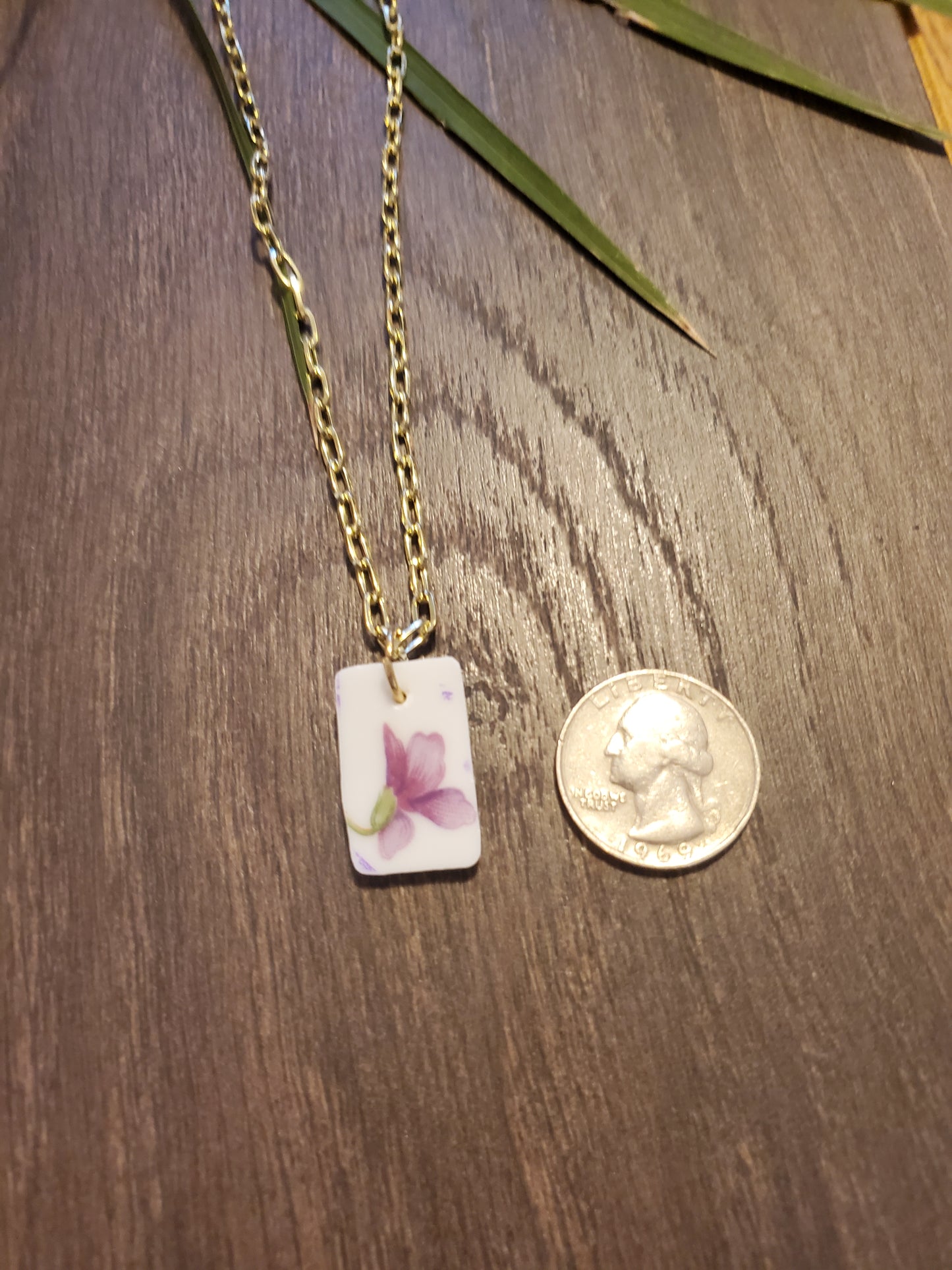 9" Gold Small Square Violet Broken china necklace