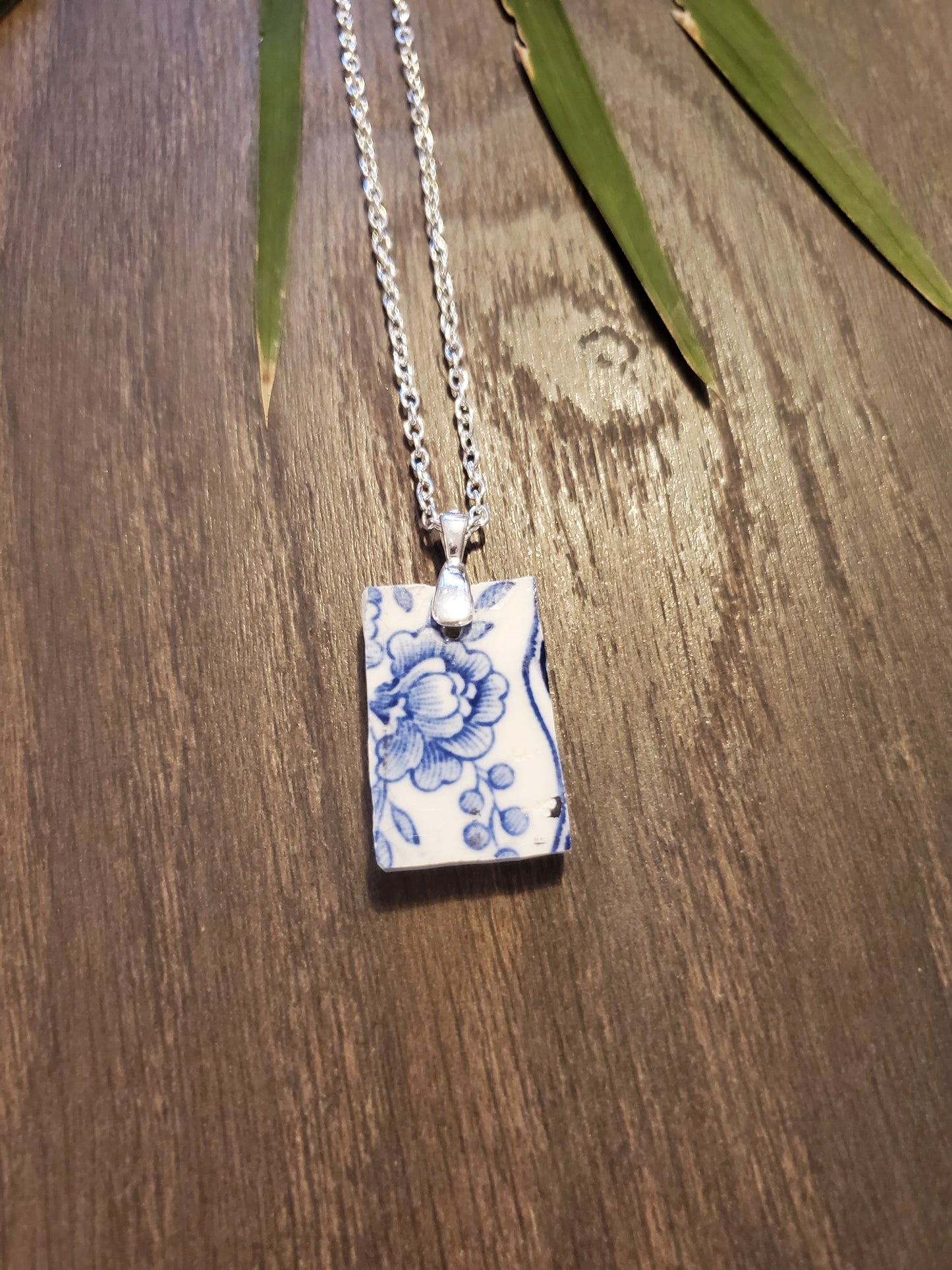 11" Silver Square Blue flower broken china necklace