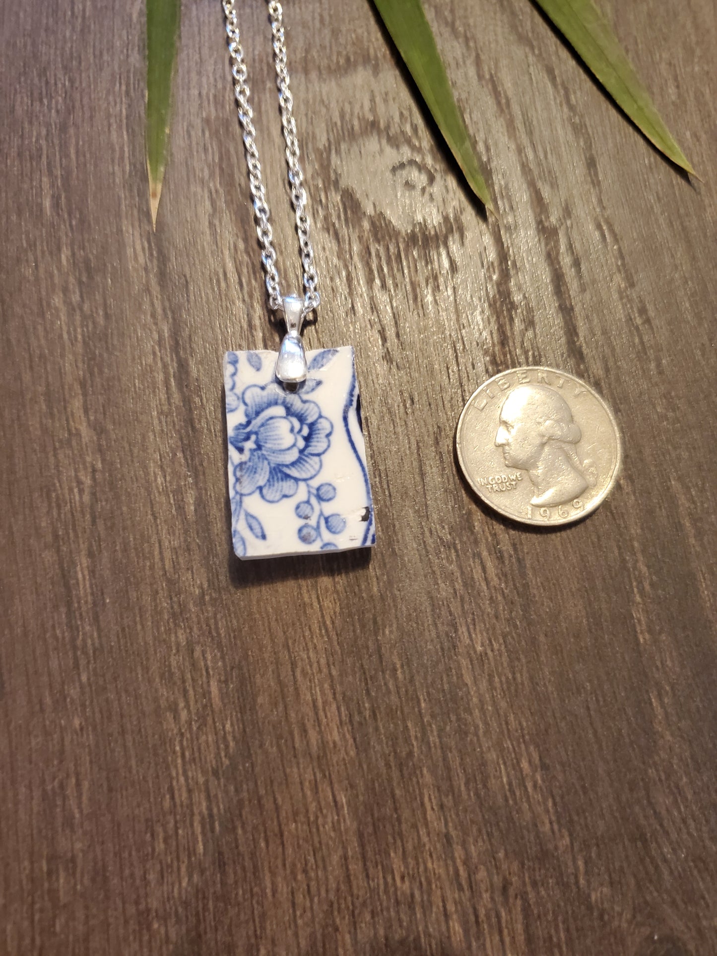 11" Silver Square Blue flower broken china necklace