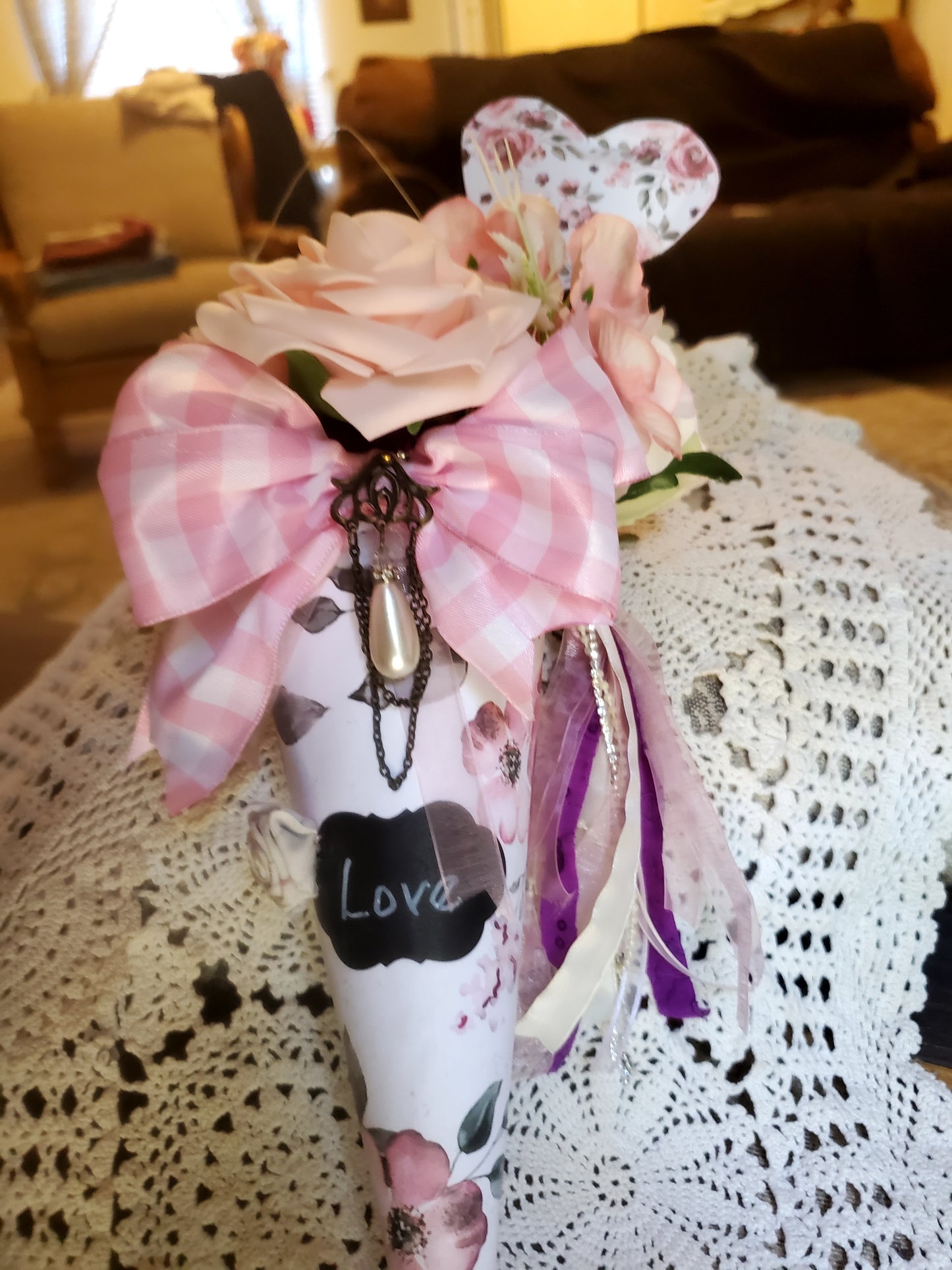 15" x 8" Pink and Purple LOVE flower pearl cone
