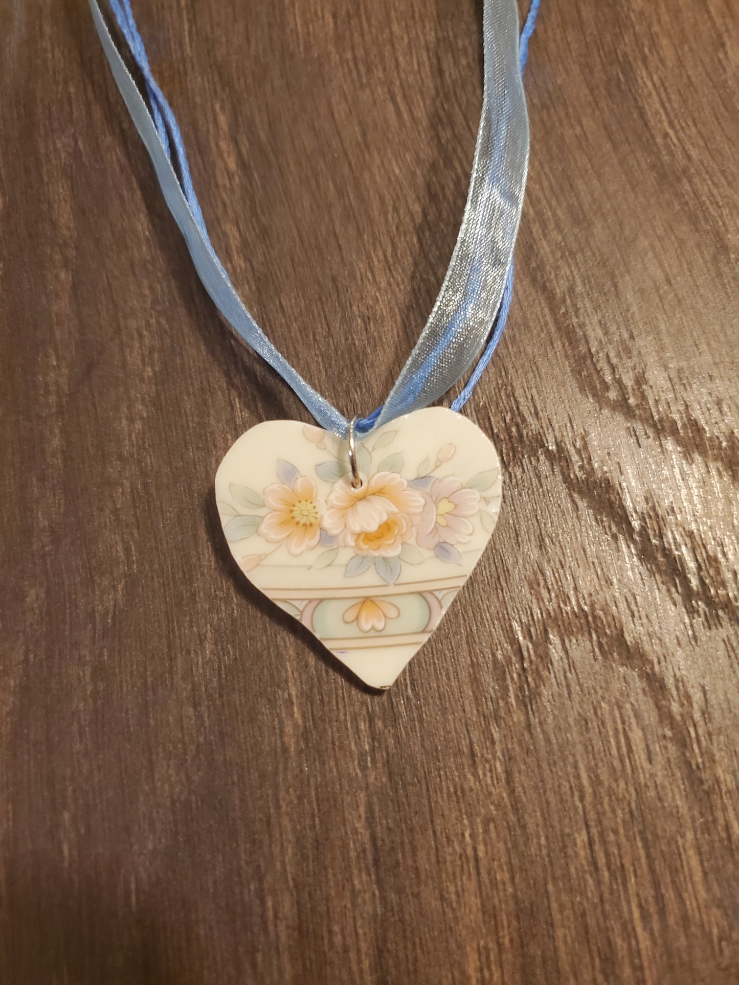 10" Blue Corded and ribbon heart broken china necklace