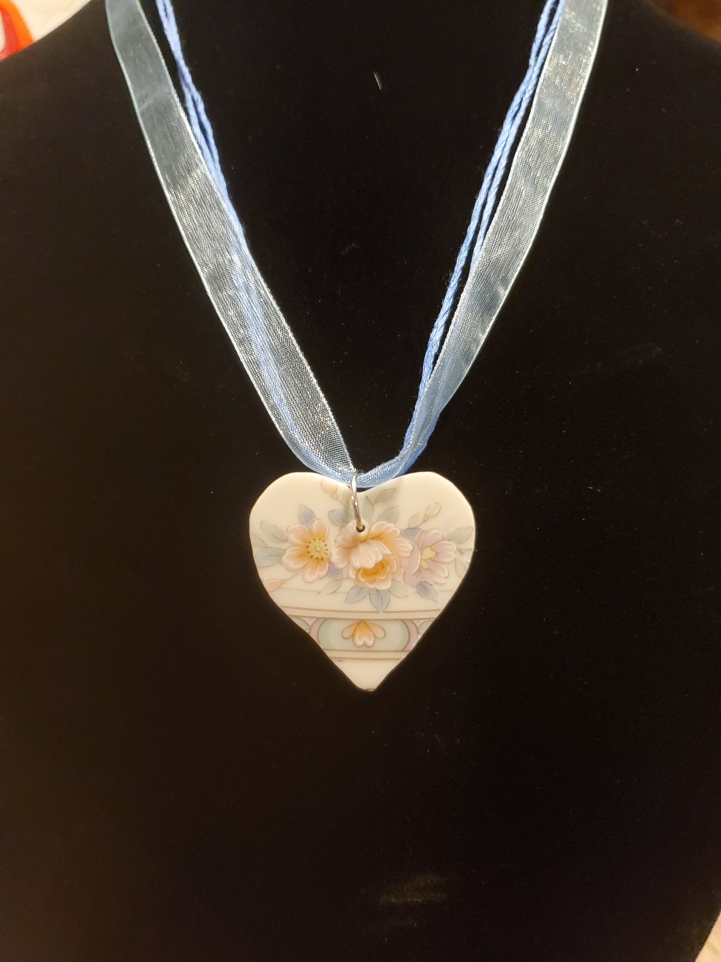 10" Blue Corded and ribbon heart broken china necklace