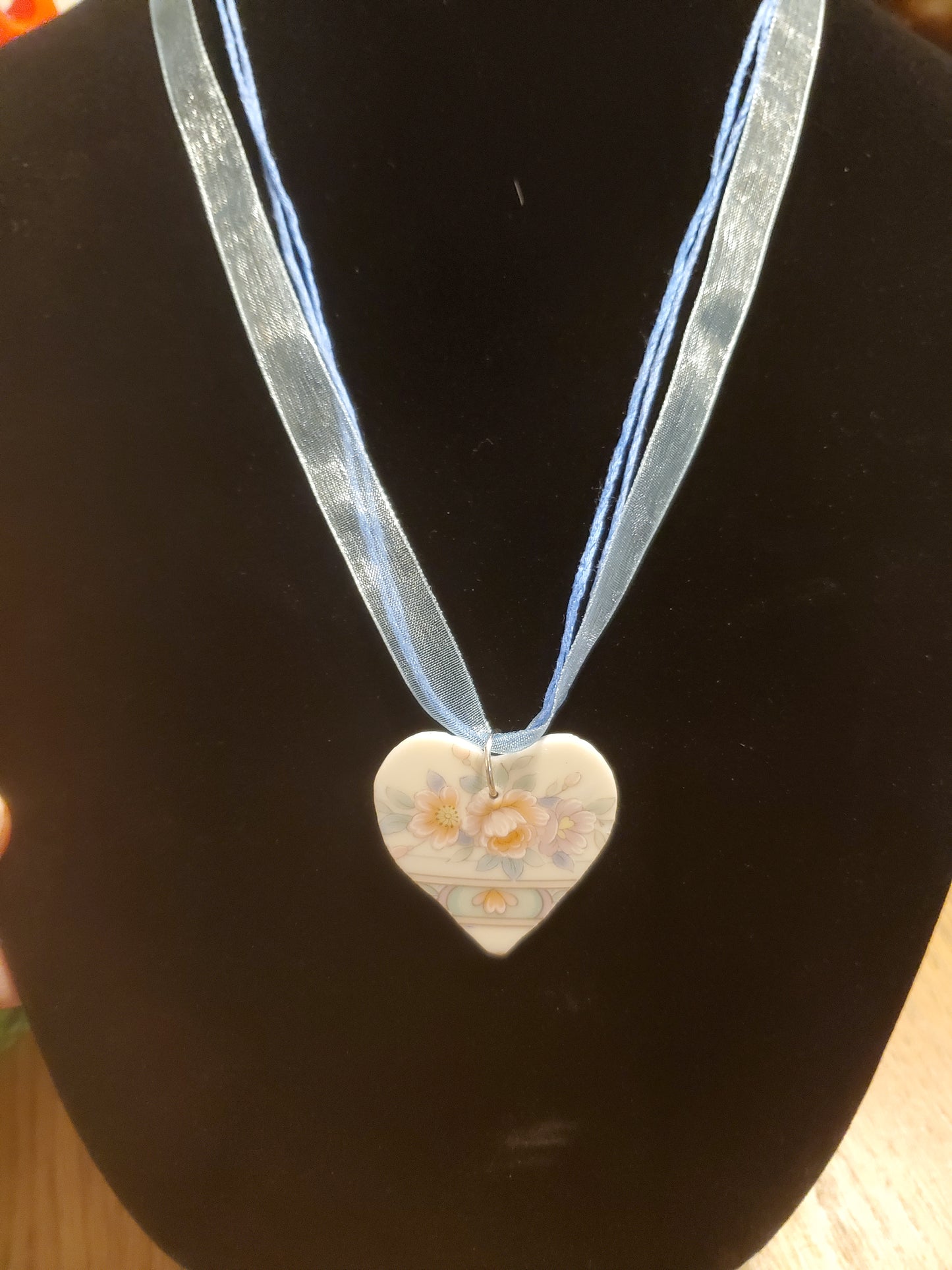 10" Blue Corded and ribbon heart broken china necklace