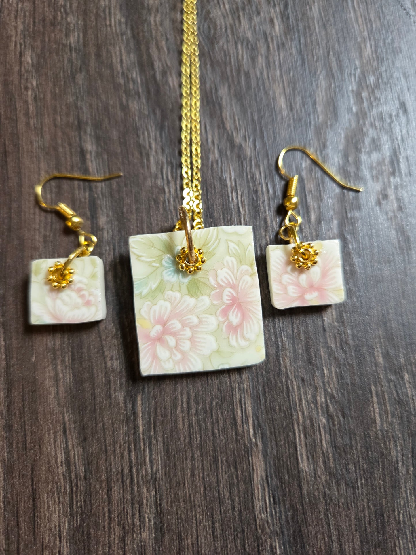 10" Gold Square pink flower Btoken china jewelry necklace with earrings
