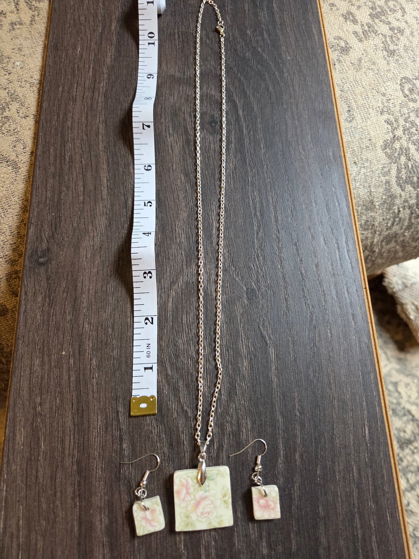10" Silver Square Pink Flower Broken China jewerly Necklace with Earrings