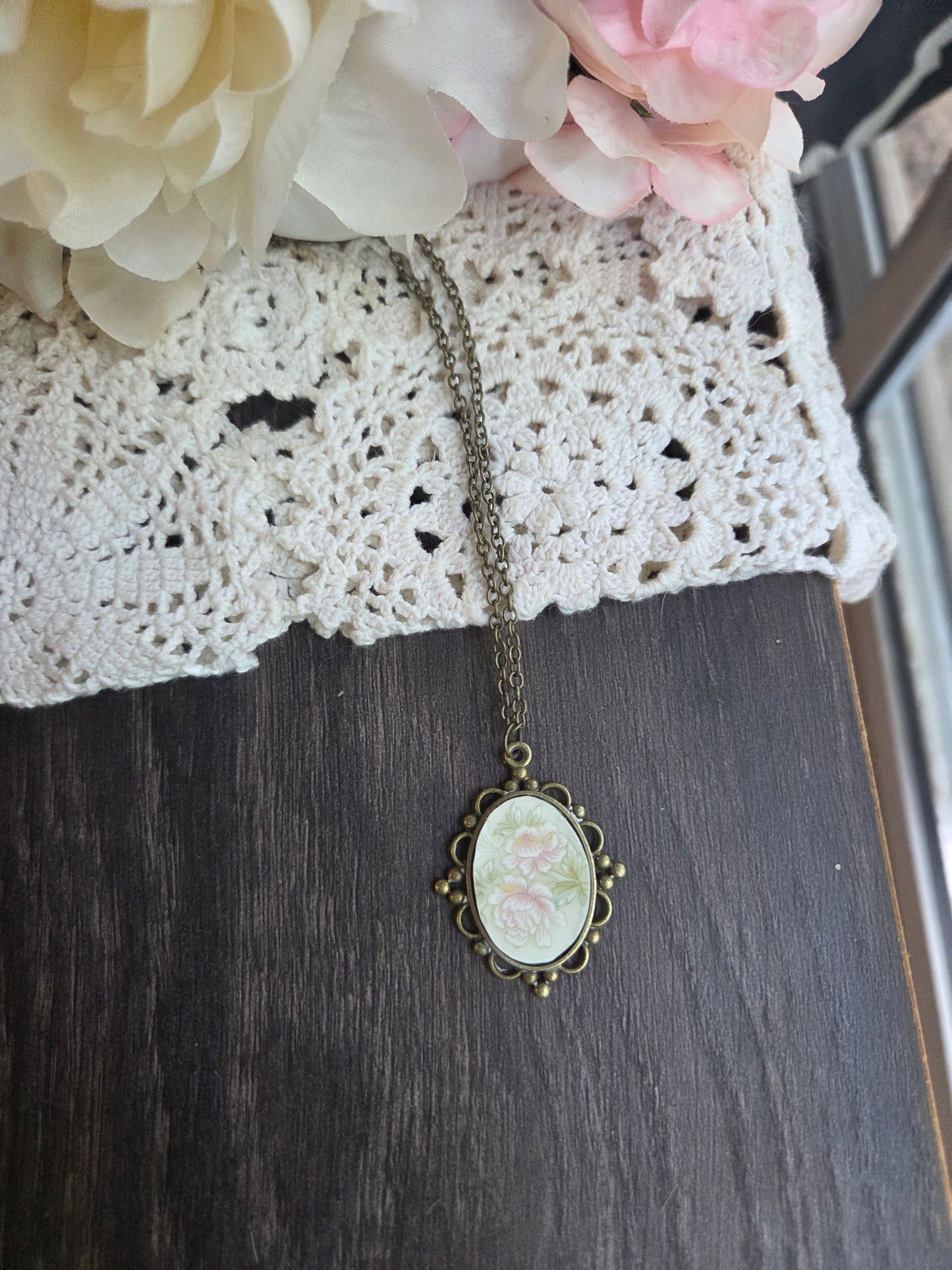 11" Antique pink flowers style pendant with broken china insert necklace