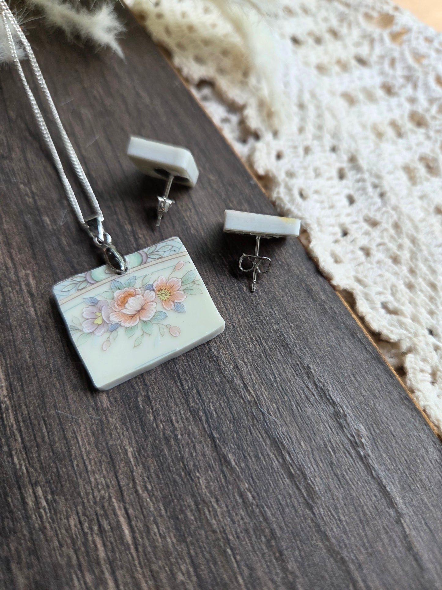 11" Stainless steel silver chain Broken china plate Square Blue and pink with matching post earrings