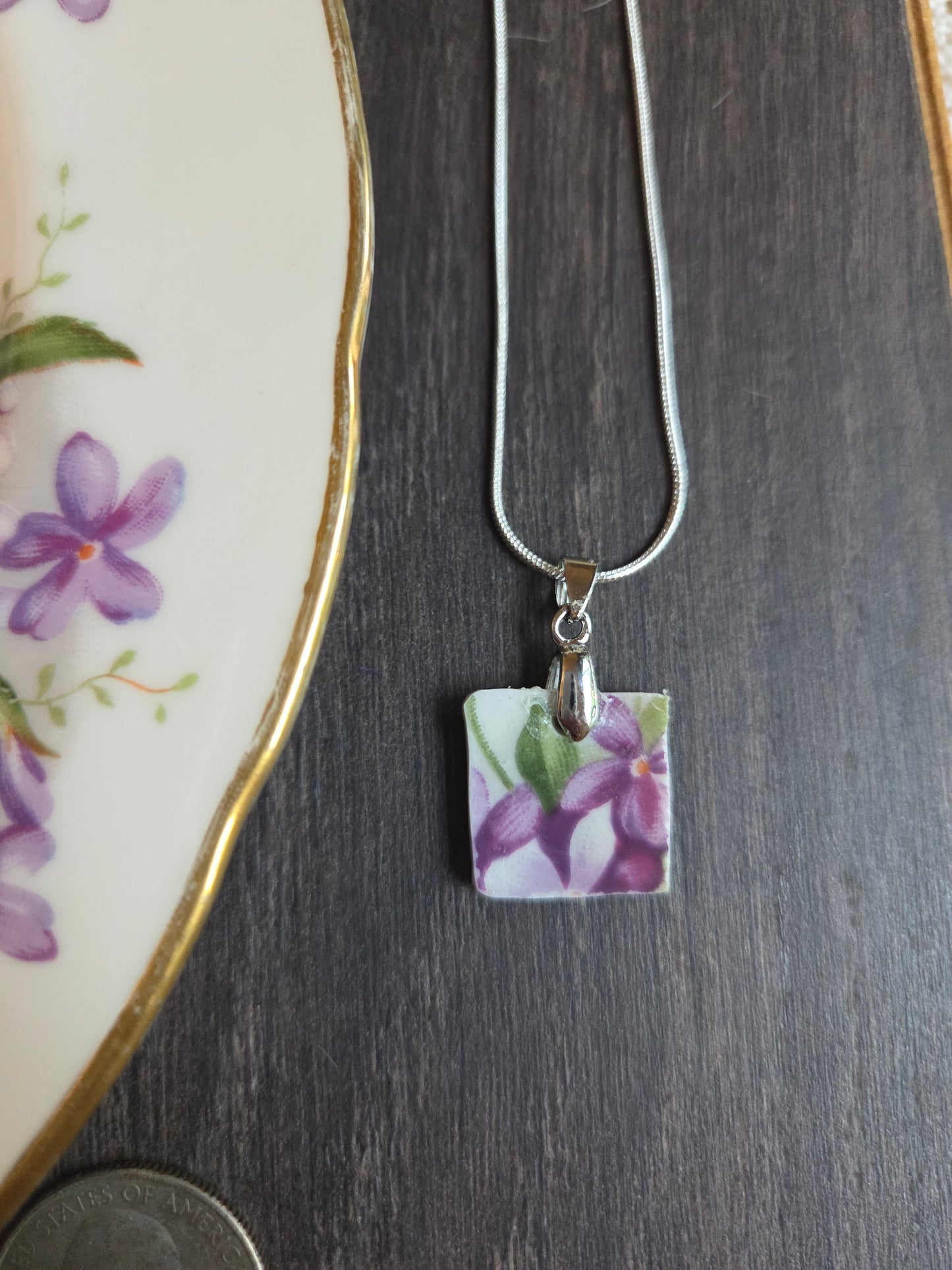 10" .925 sterling silver Snake chain Broken china square Violet necklace