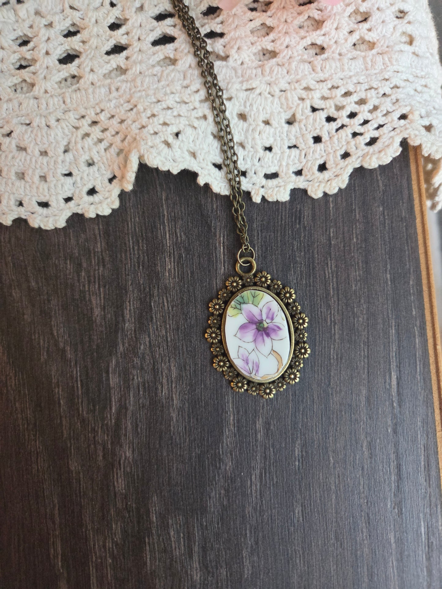 11" Antique style purple Lily Broken china pendant necklace