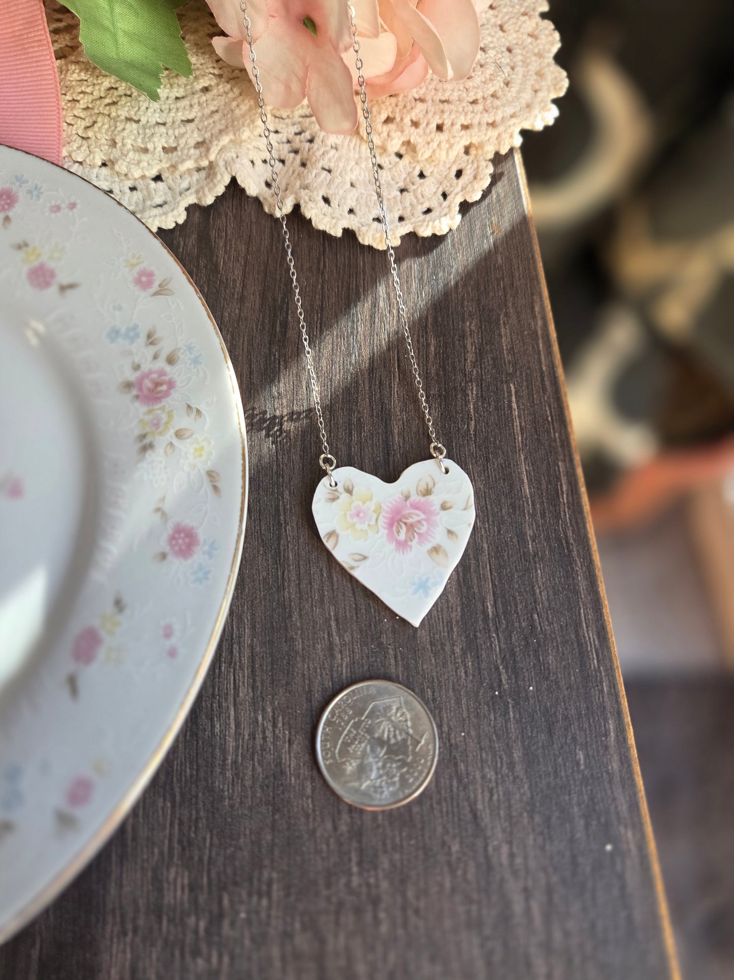 11" Pink heart on a silver chain