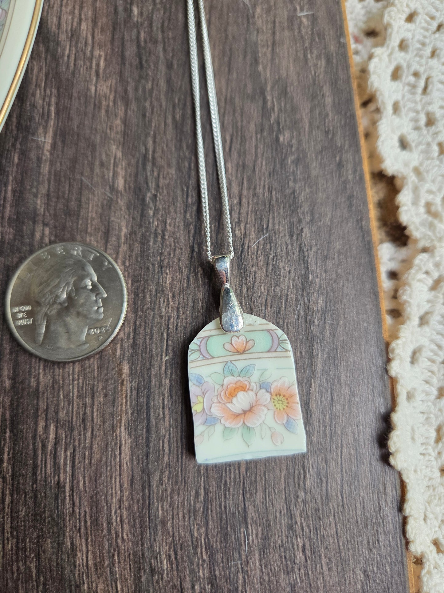 11" stainless steel silver chain Broken china plate Oval half Blue and pink flowers necklace