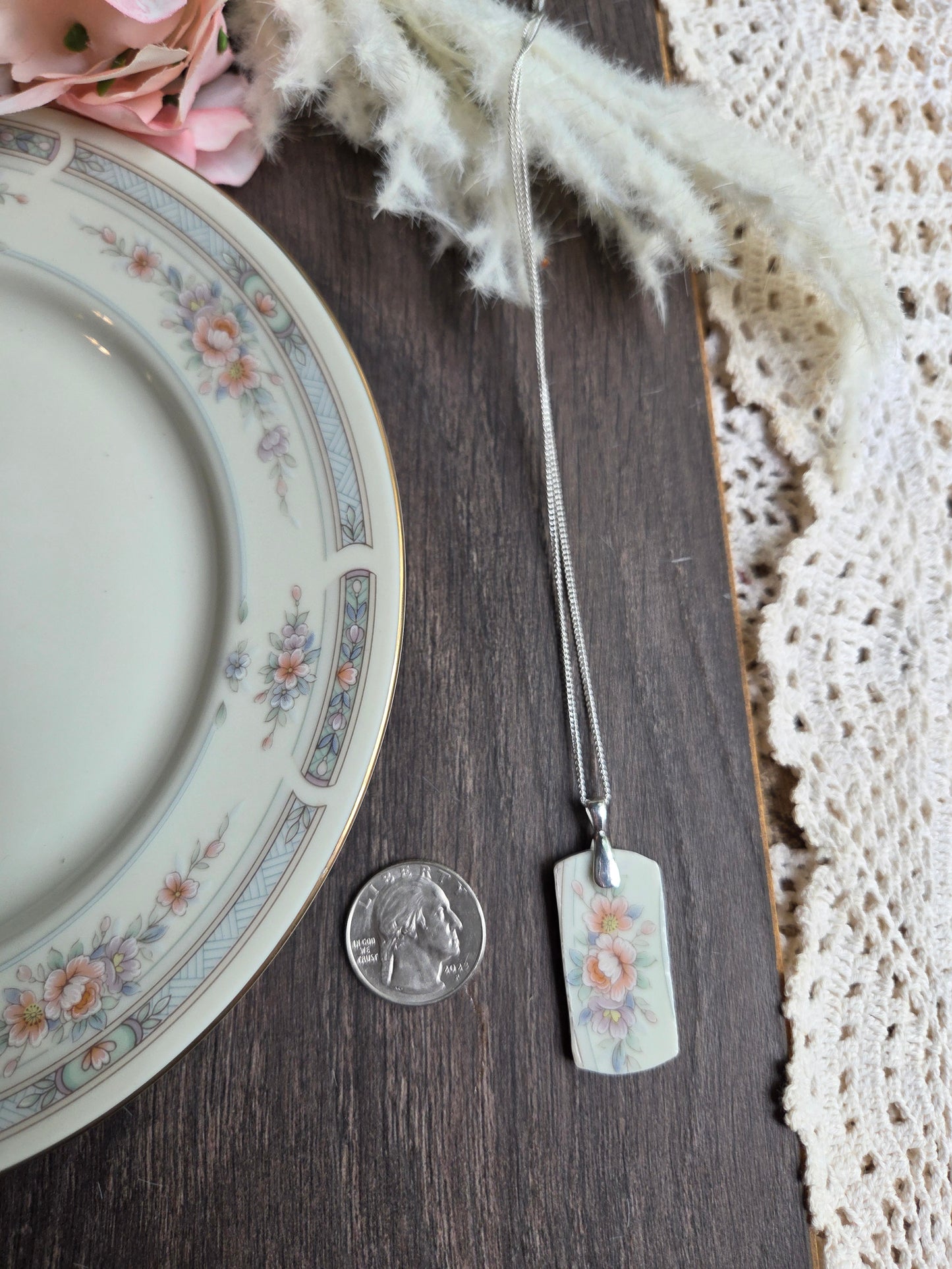 11" Stainless steel silver chain Broken china plate rectangle blue and pink flowers with round corners necklace