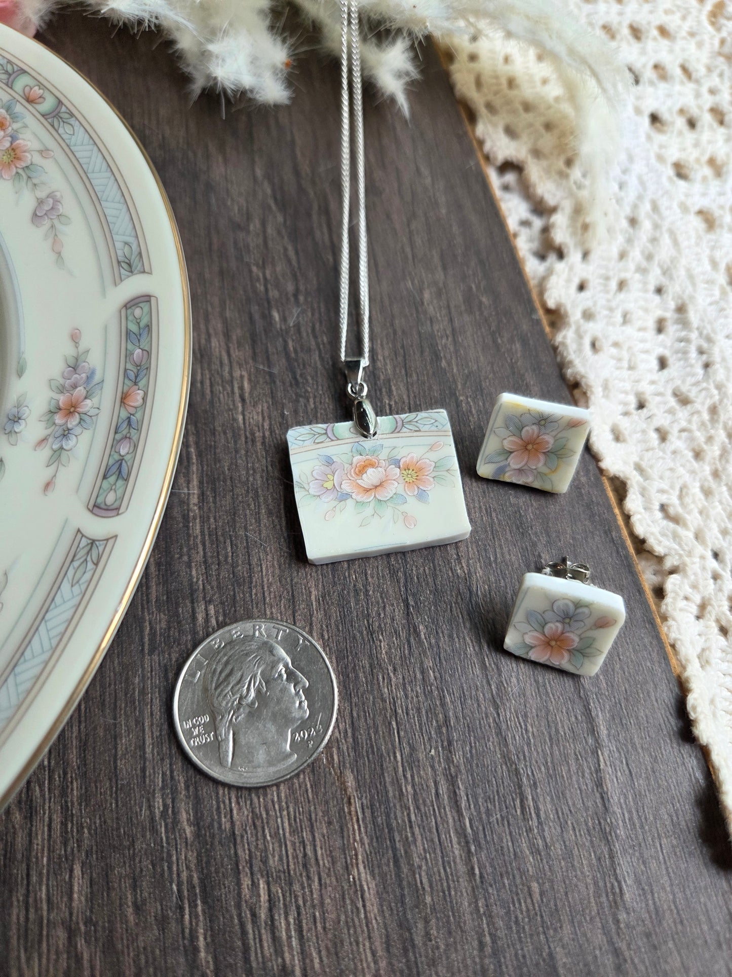 11" Stainless steel silver chain Broken china plate Square Blue and pink with matching post earrings