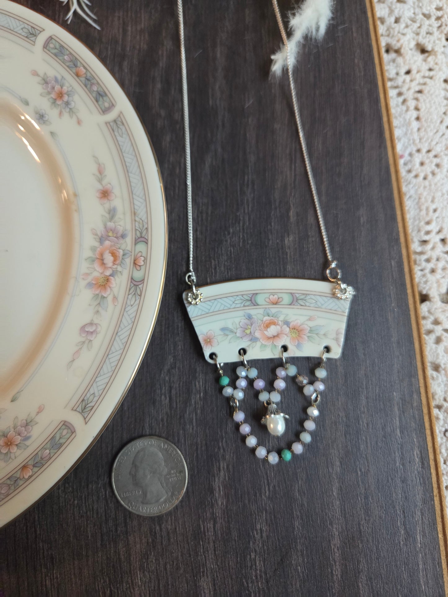 11" Broken china plate pink and blue flowers with glass beads