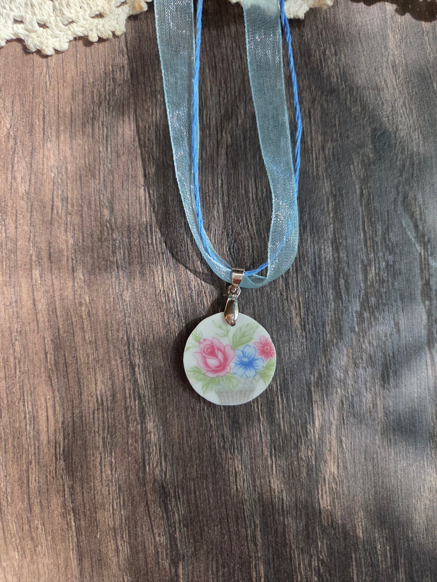 10" Round Blue silk basket flower broken china necklace
