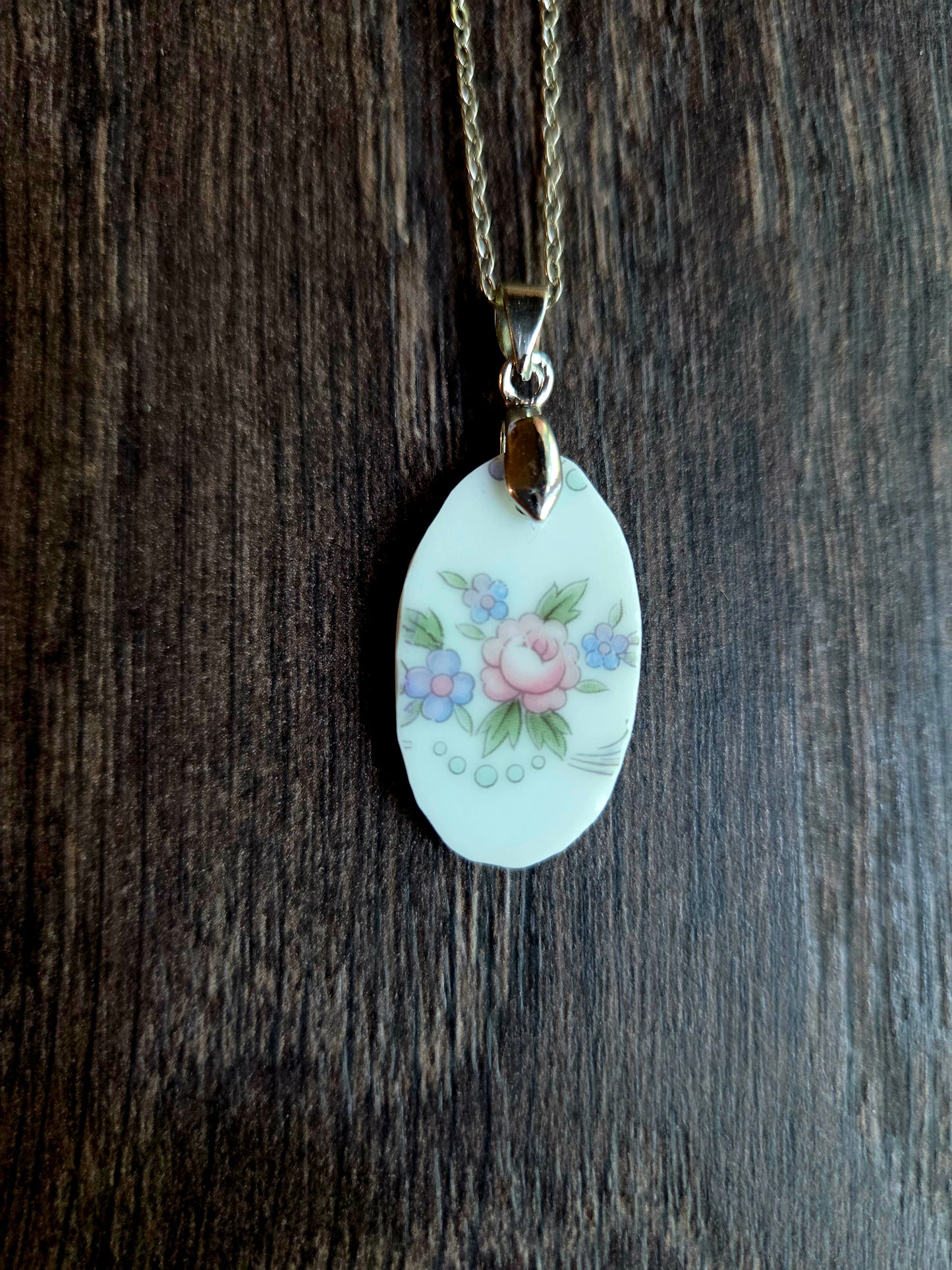 11" Oval pink rose broken china necklace