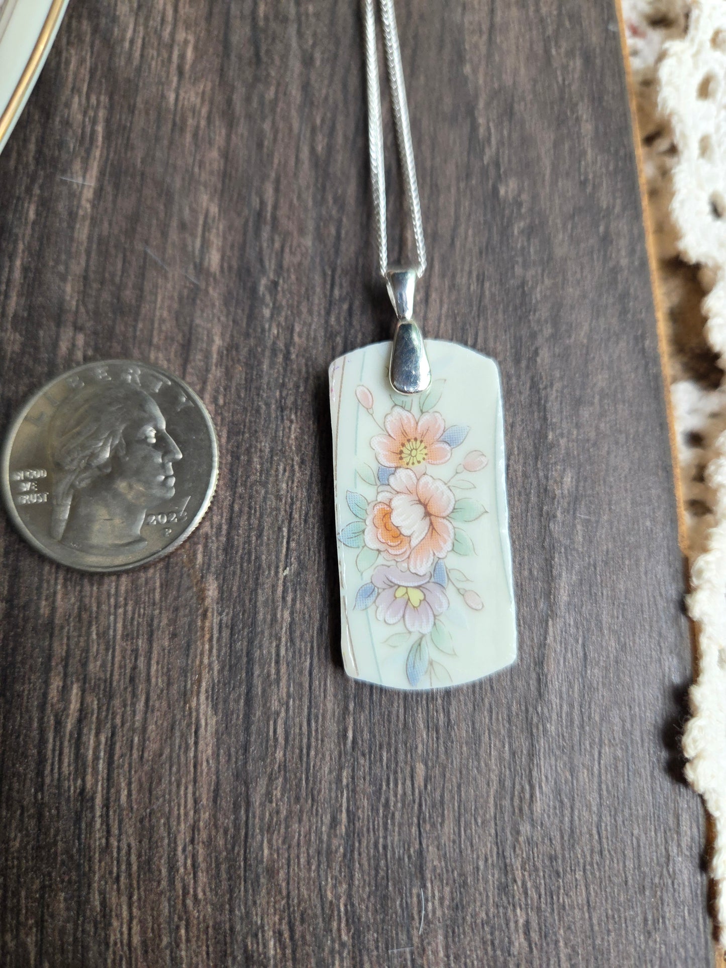 11" Stainless steel silver chain Broken china plate rectangle blue and pink flowers with round corners necklace