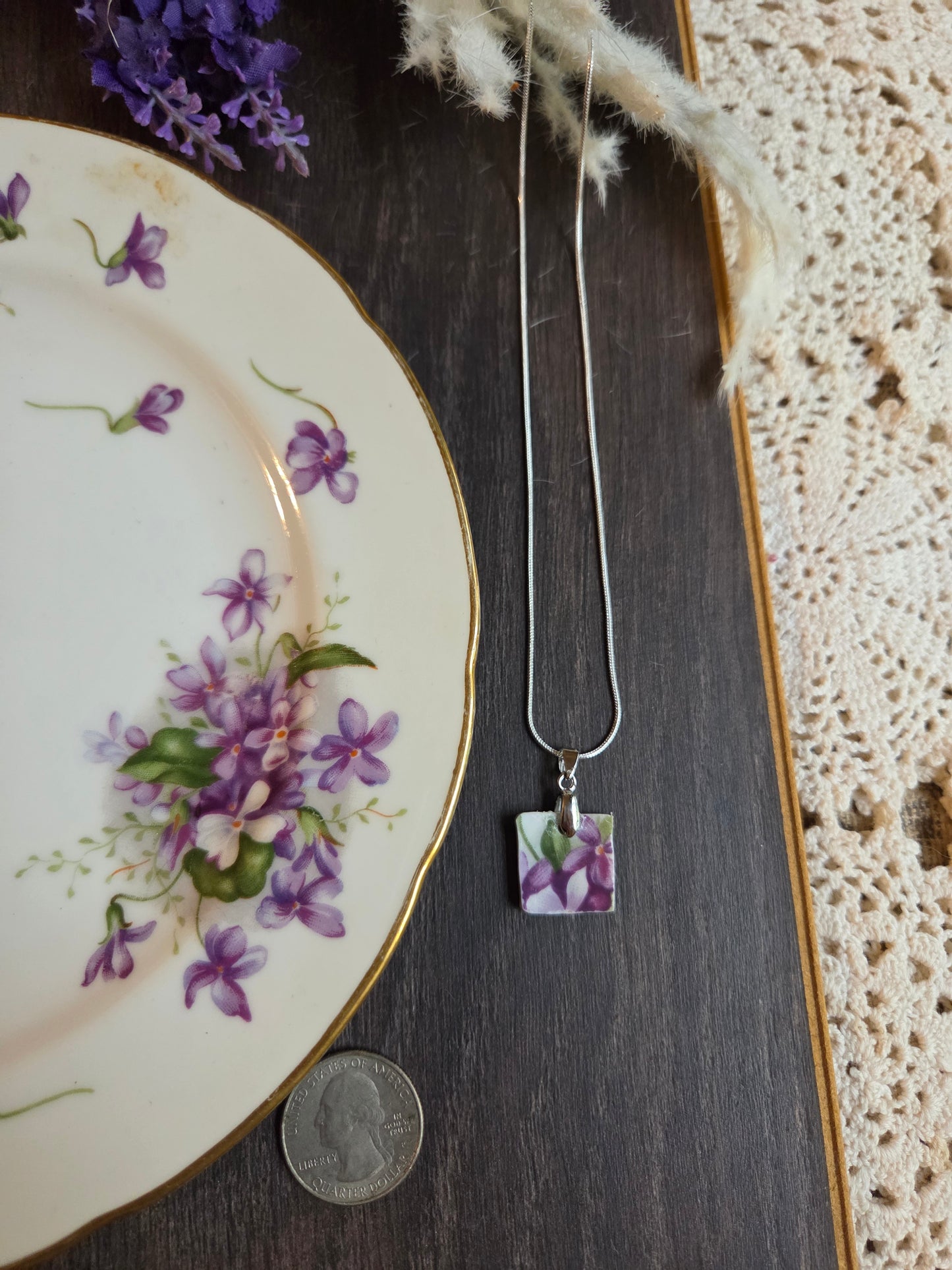 10" .925 sterling silver Snake chain Broken china square Violet necklace