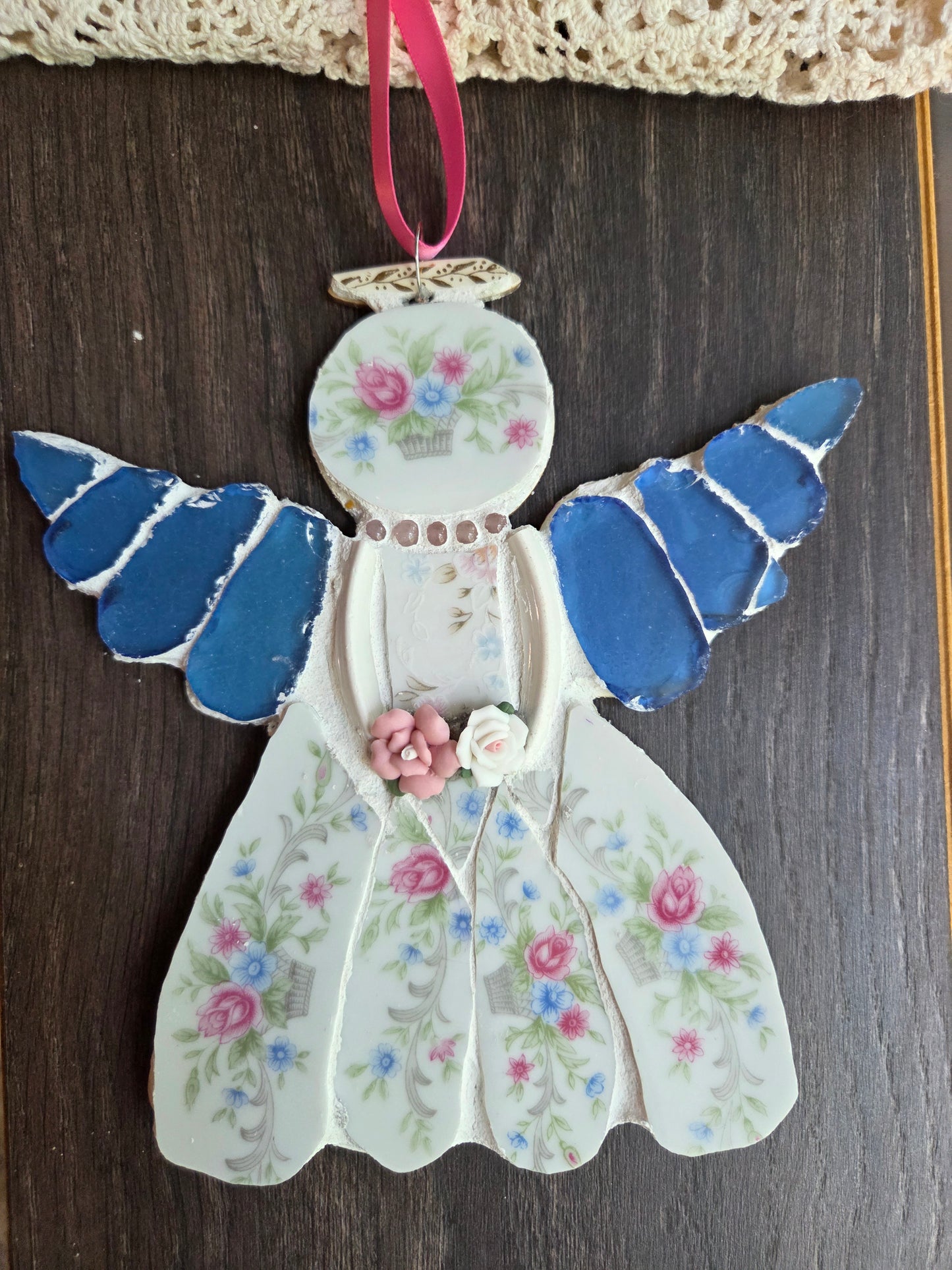 Blue and pink flower basket mosaic angel