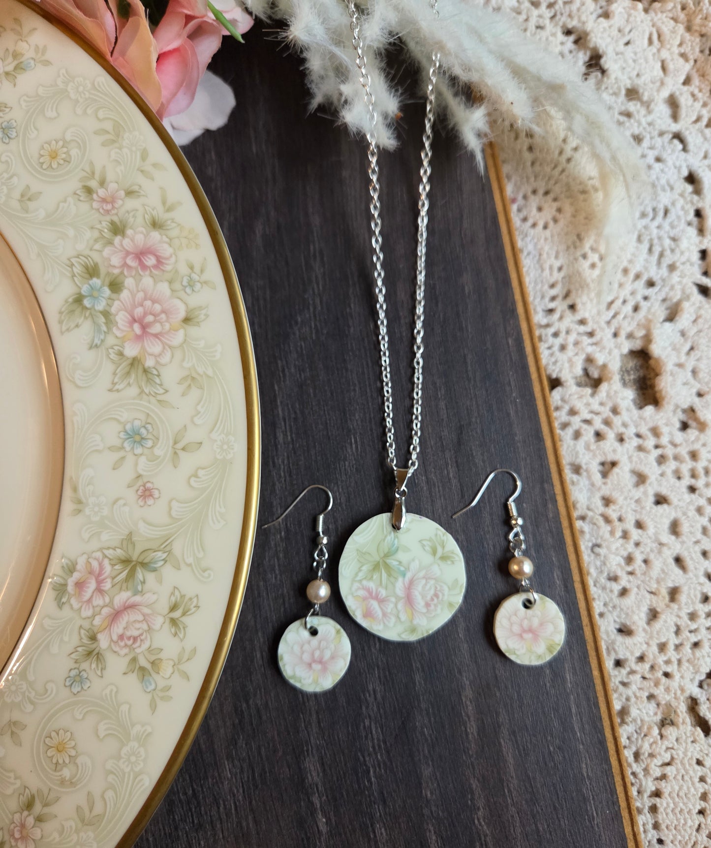 11" Silver chain Broken china plate round pink flowers with matching earrings