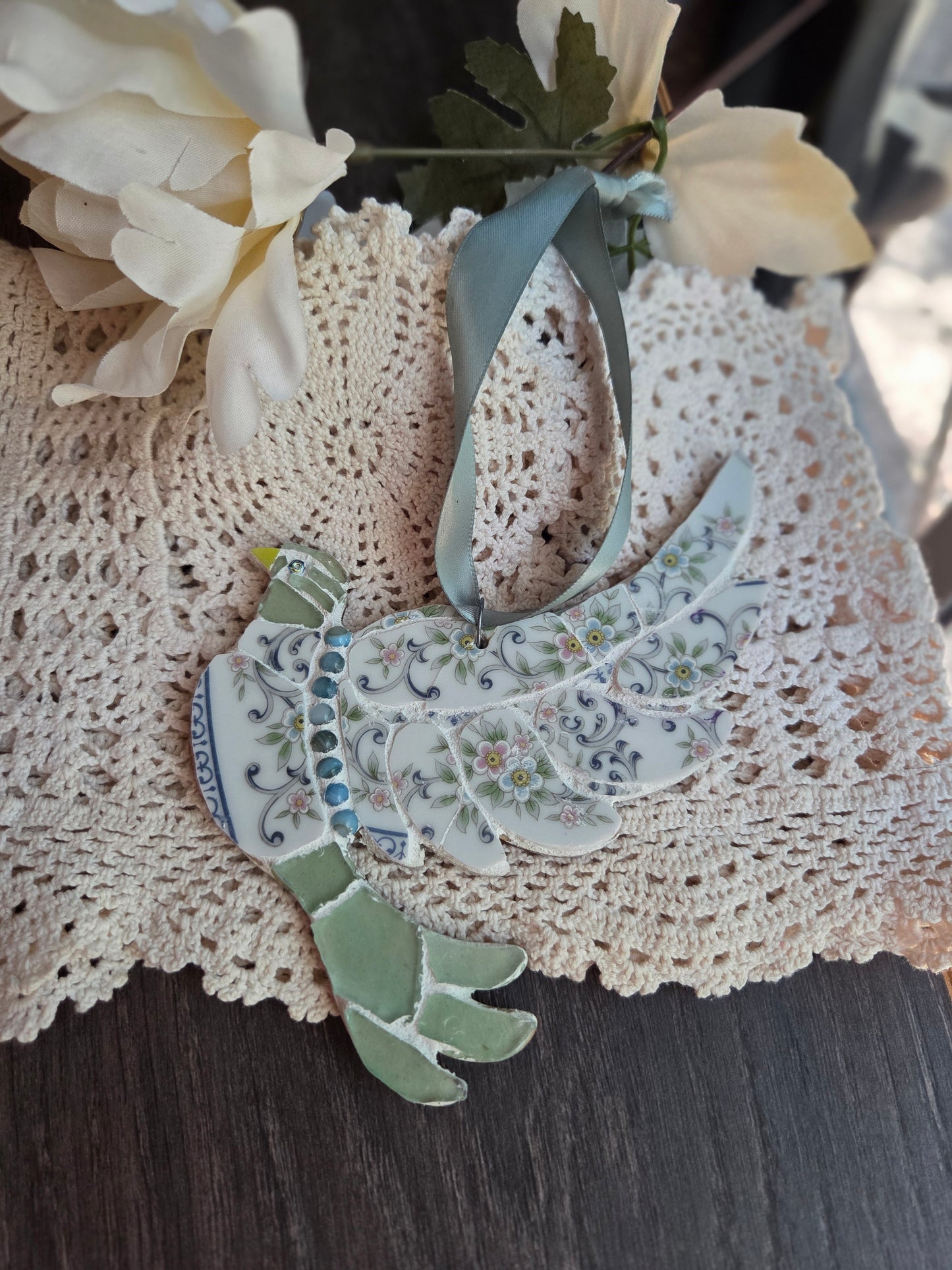 Green and Blue Broken China Mosaic Dove