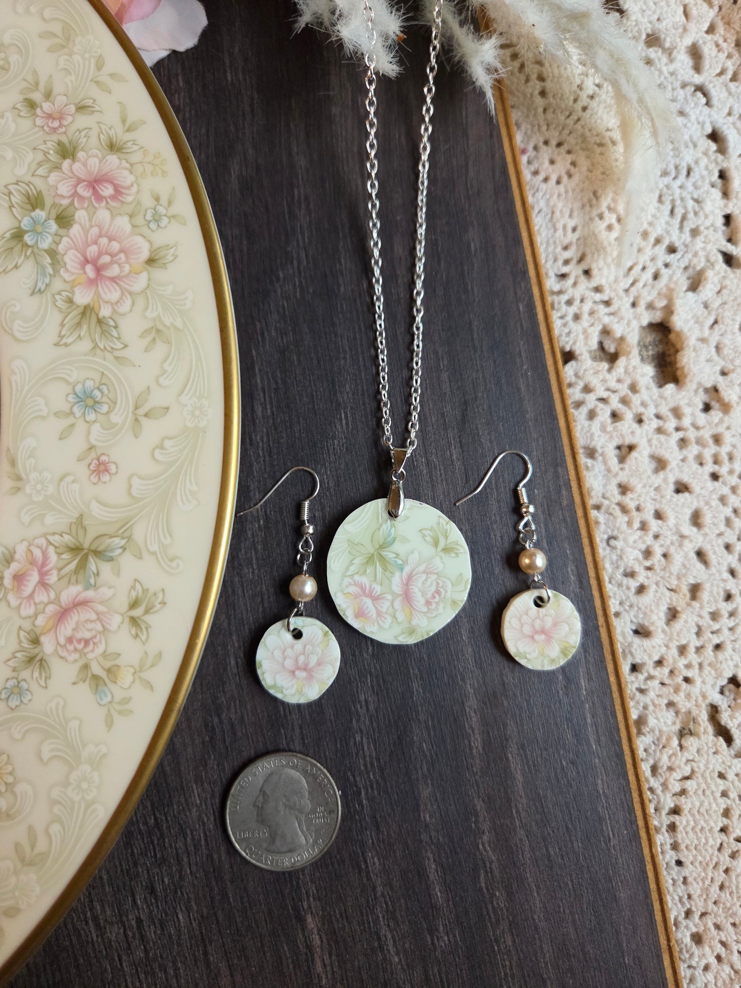 11" Silver chain Broken china plate round pink flowers with matching earrings