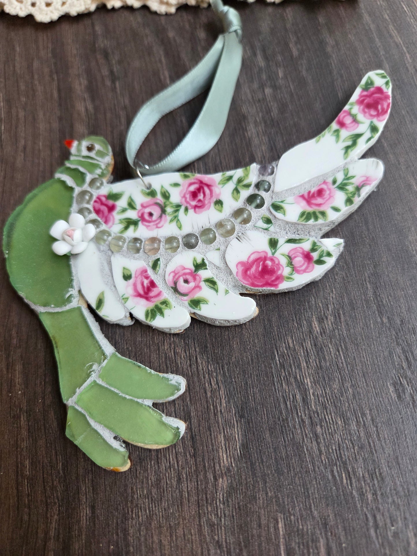 Rose and green Broken china mosaic dove