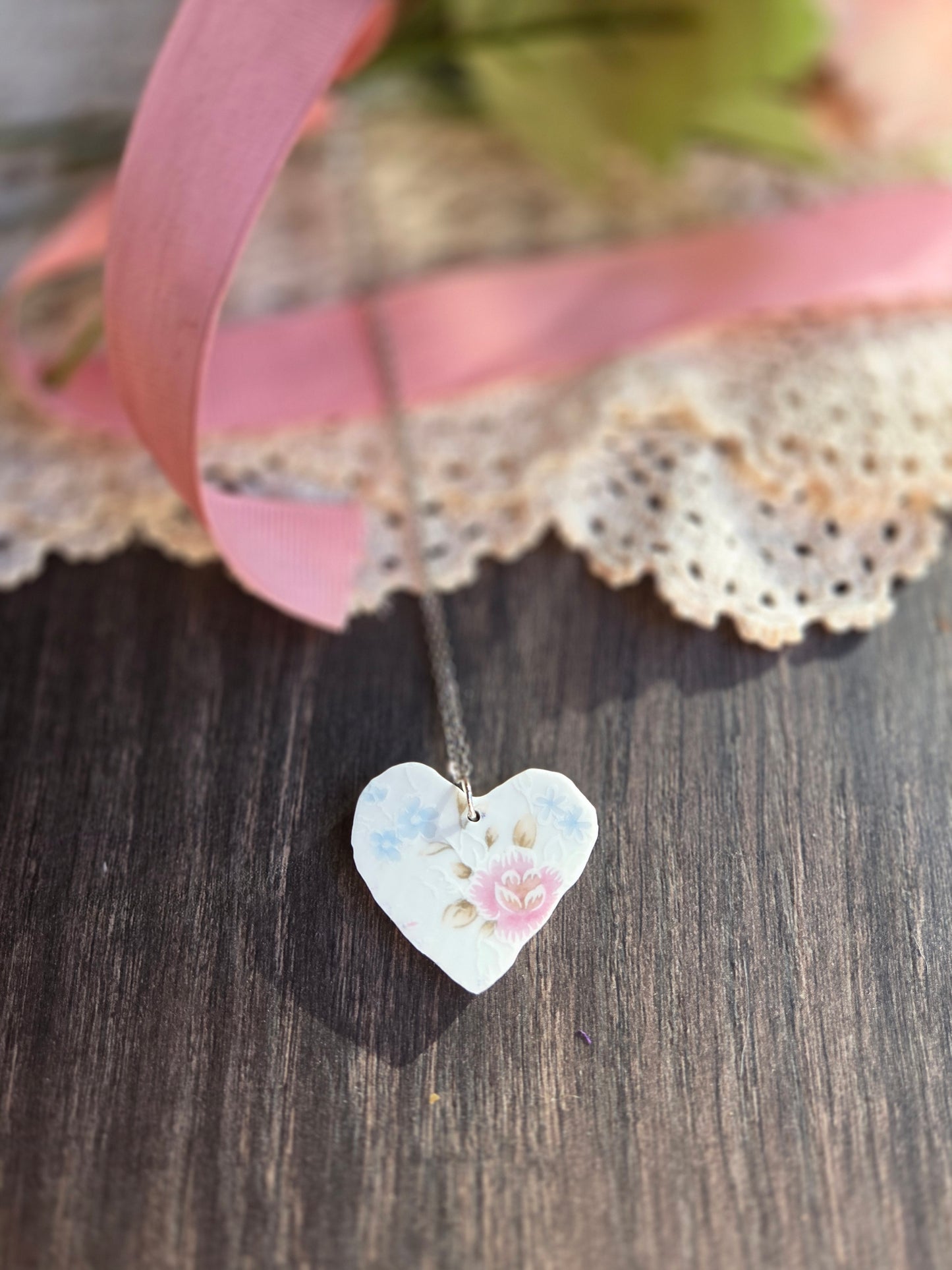 9" Pink flower heart on a silver chain
