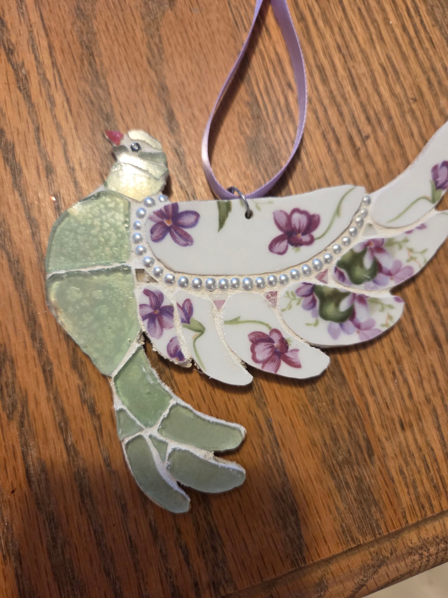 Lavender and Green Broken China Mosaic Dove