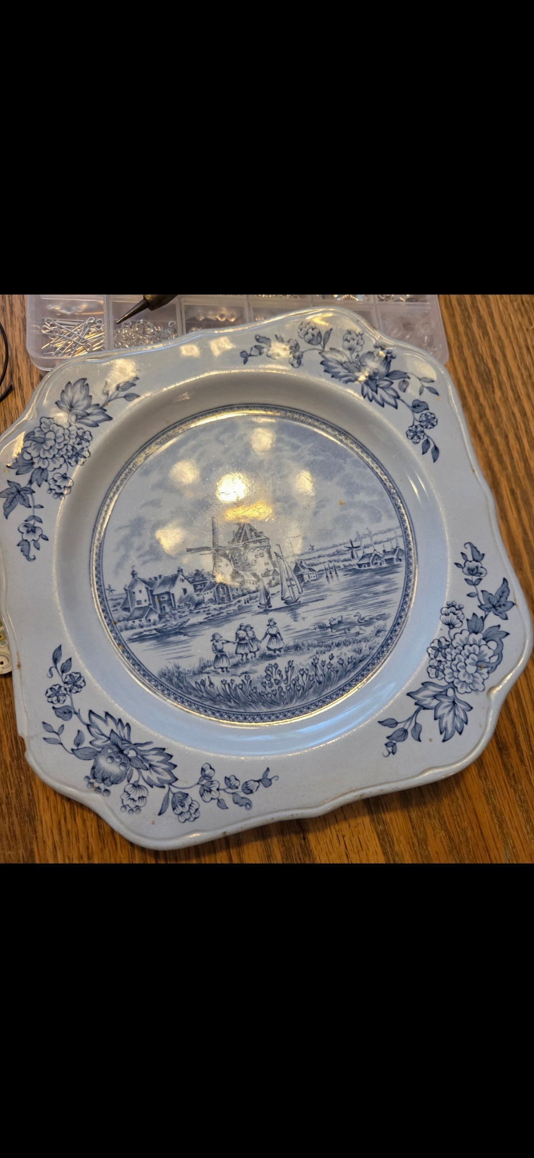 White and Blue flower Broken china mosaic Angel