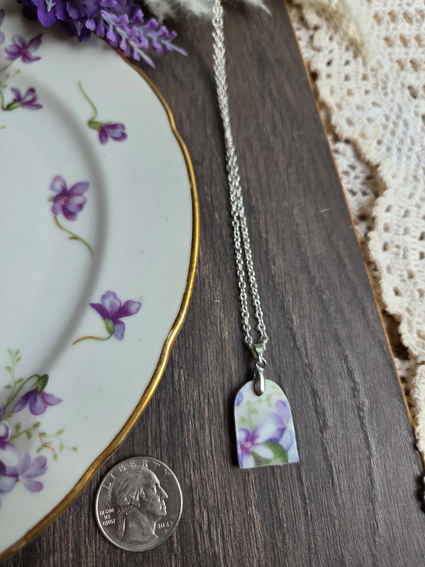 11" Silver Broken china plate Oval half Violet necklace
