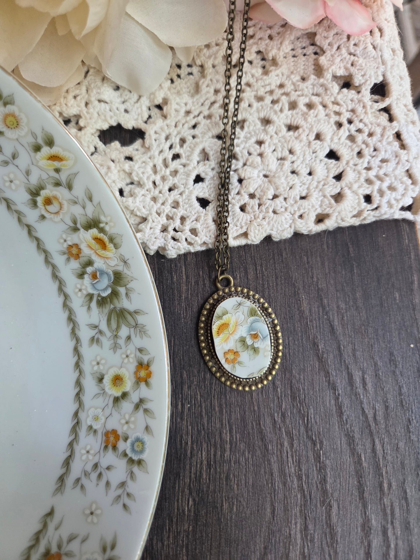 11" Antique style Sunflowers broken china insert necklace