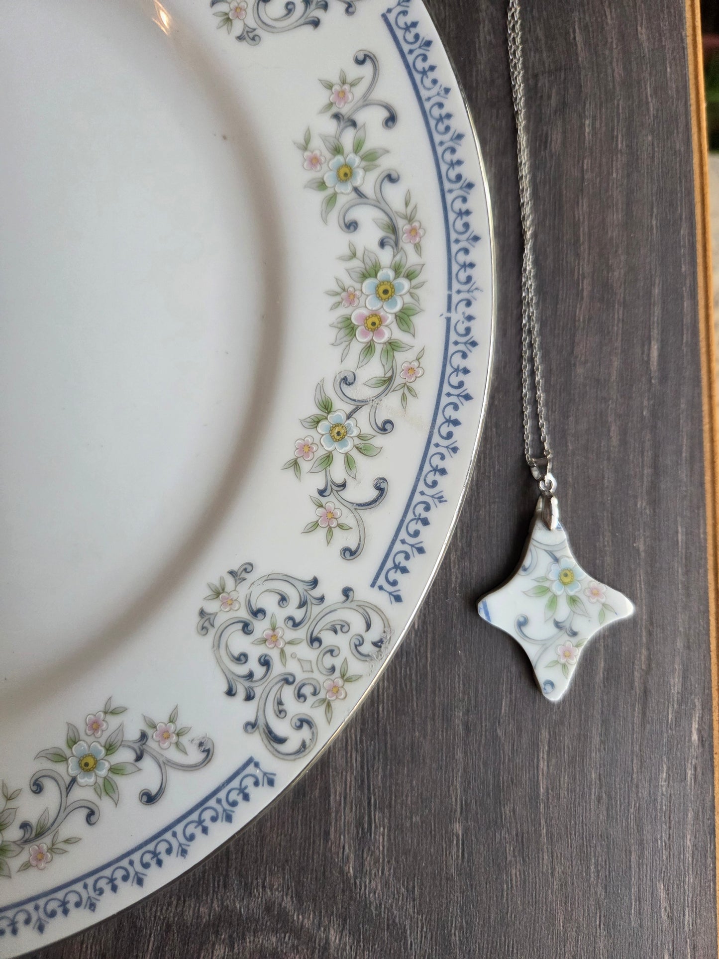 9" Silver Blue flowers Broken china cross necklace