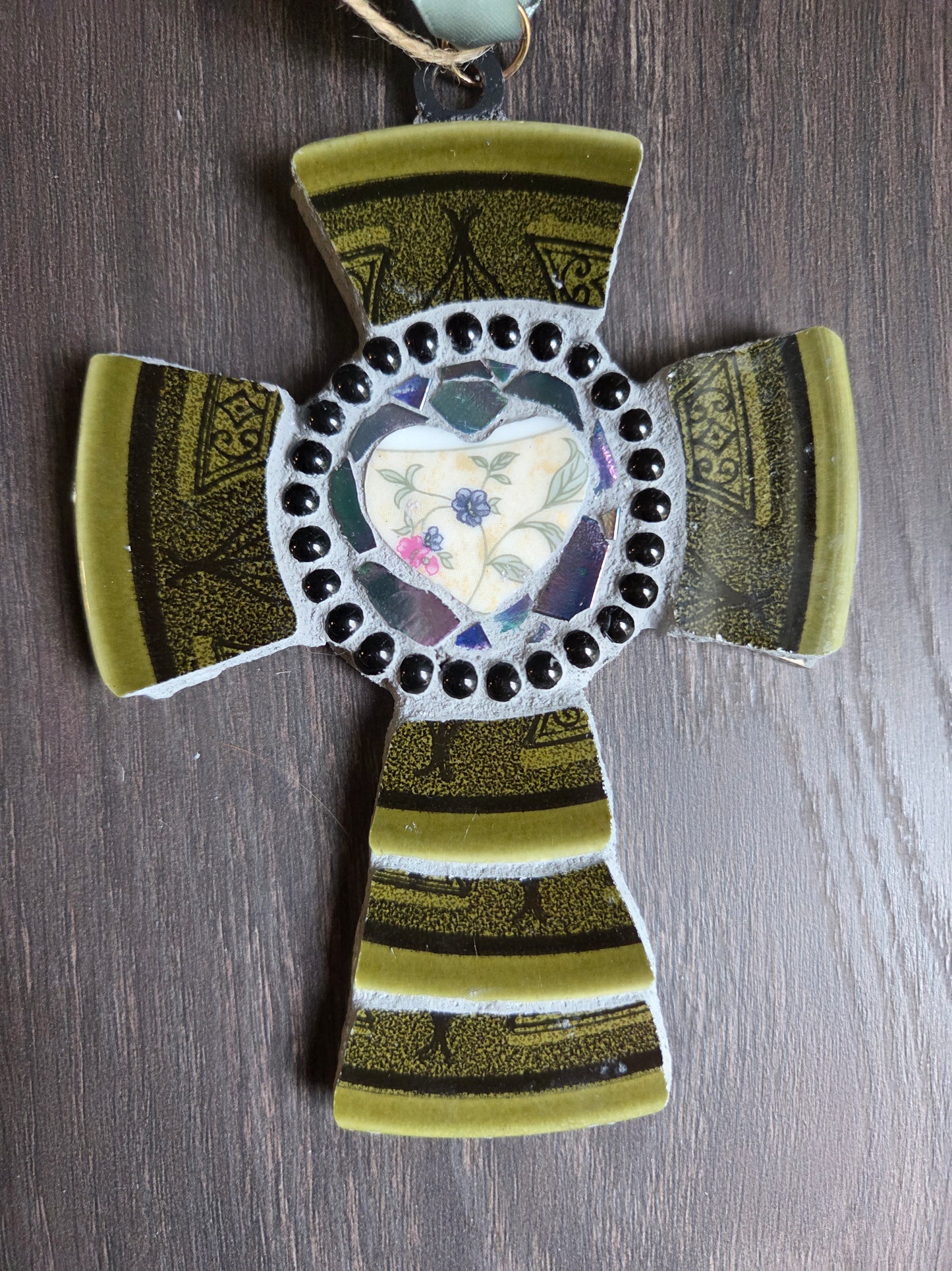 Broken china dark green mosaic cross