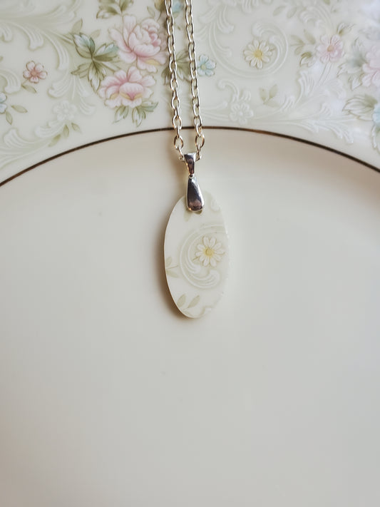 10" Silver Handmade Oval Flower Broken China Necklace