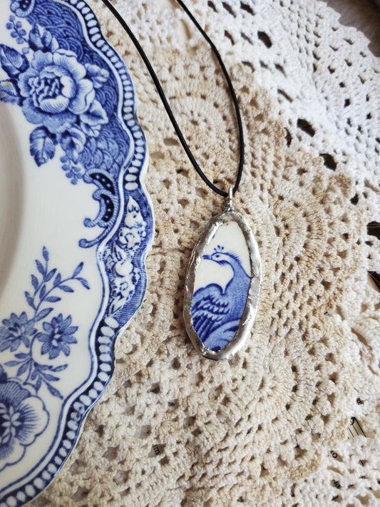 13" Corded Handmade Broken Plate Necklace Blue Bird.(soldered)