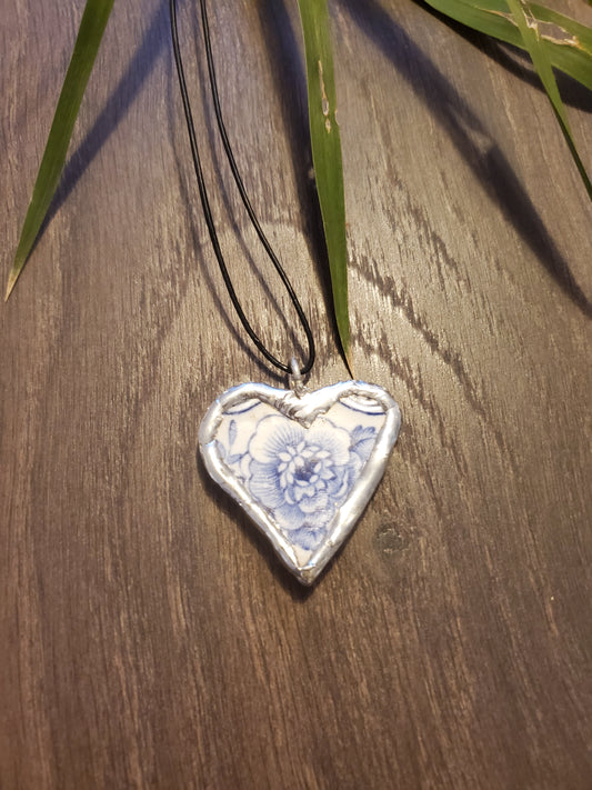 13" Blue heart flower Corded necklace (soldered)