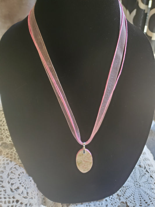 10" pink ribbon and cord Oval broken china necklace