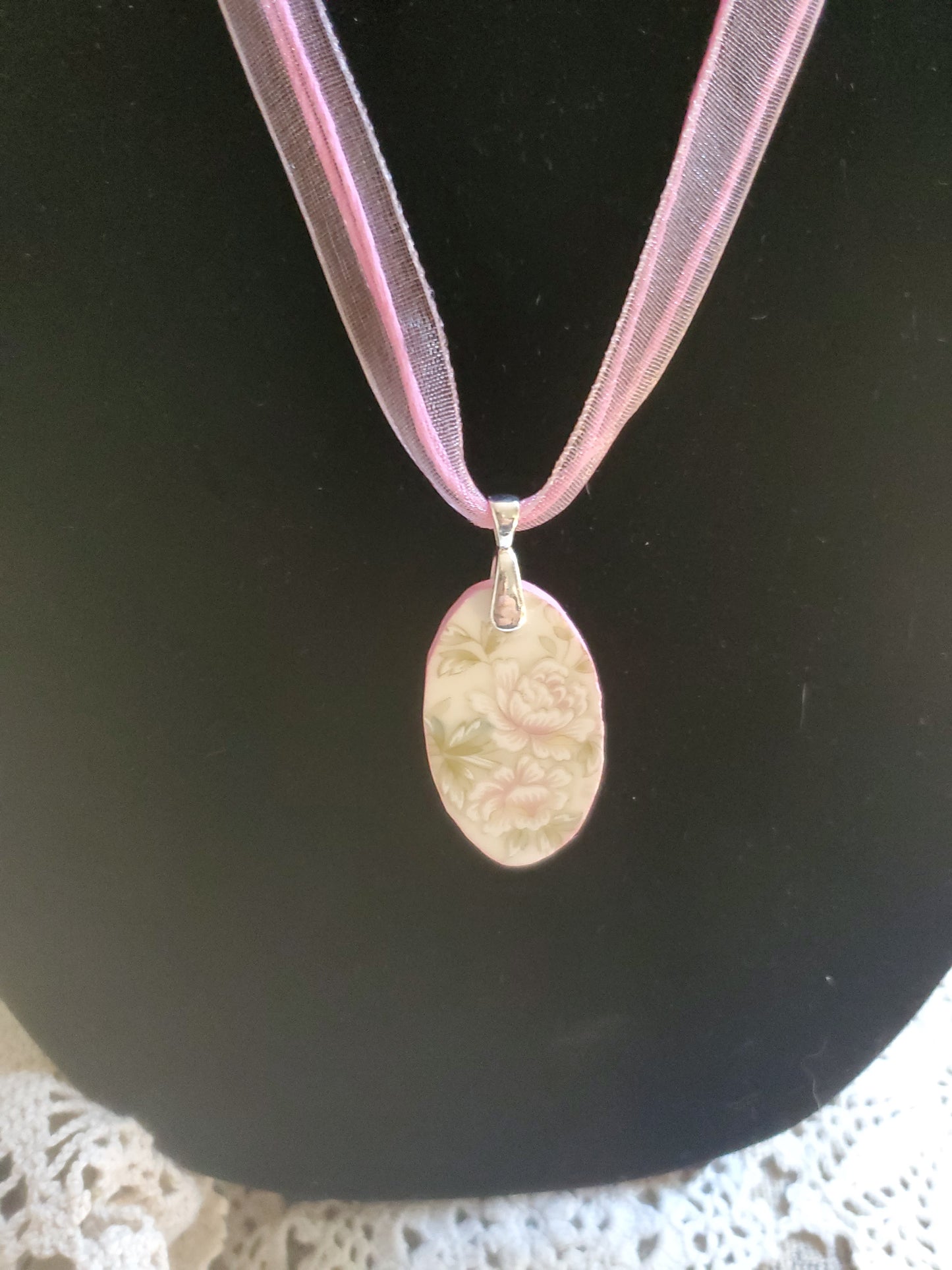 10" pink ribbon and cord Oval broken china necklace