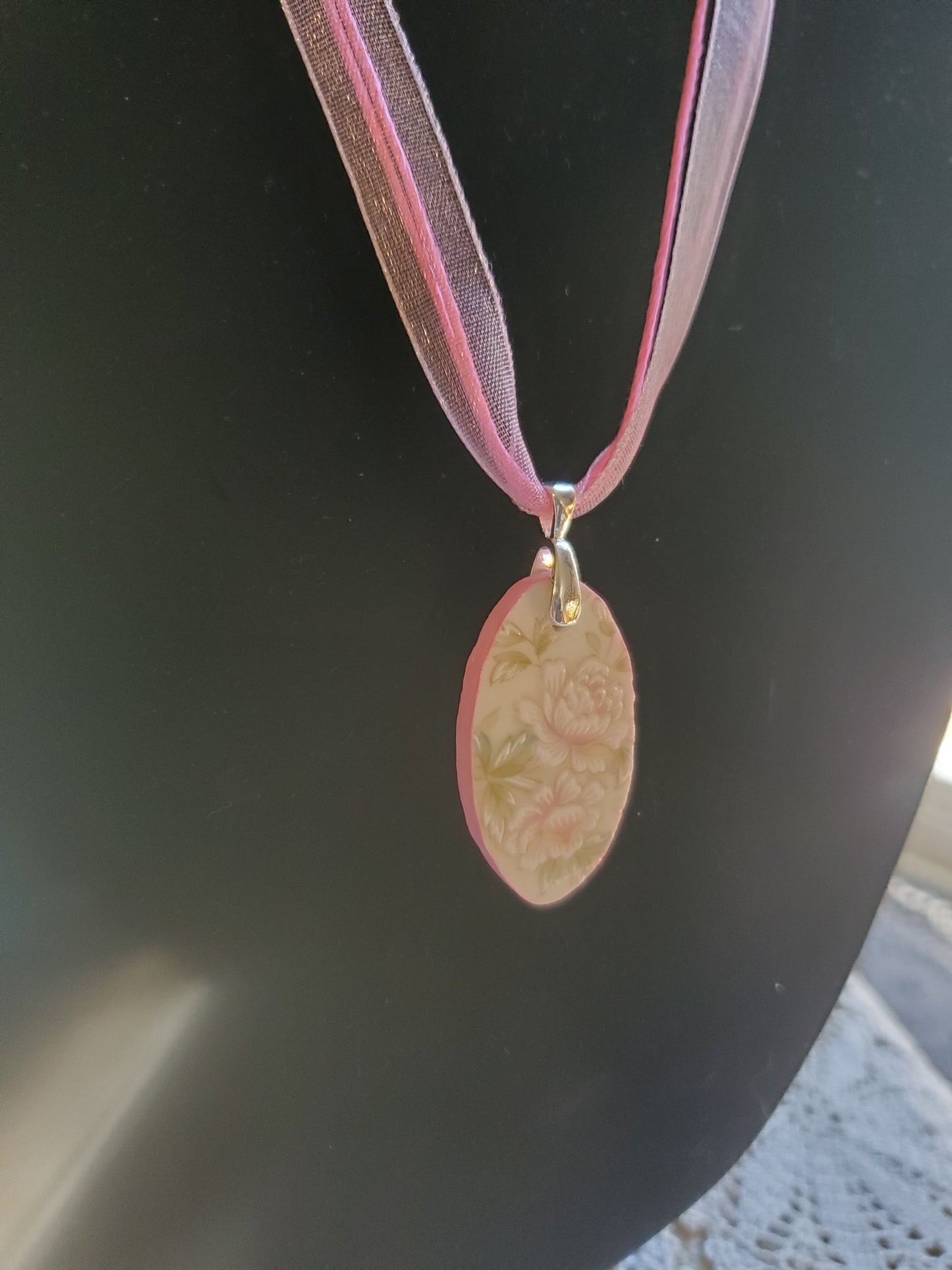 10" pink ribbon and cord Oval broken china necklace