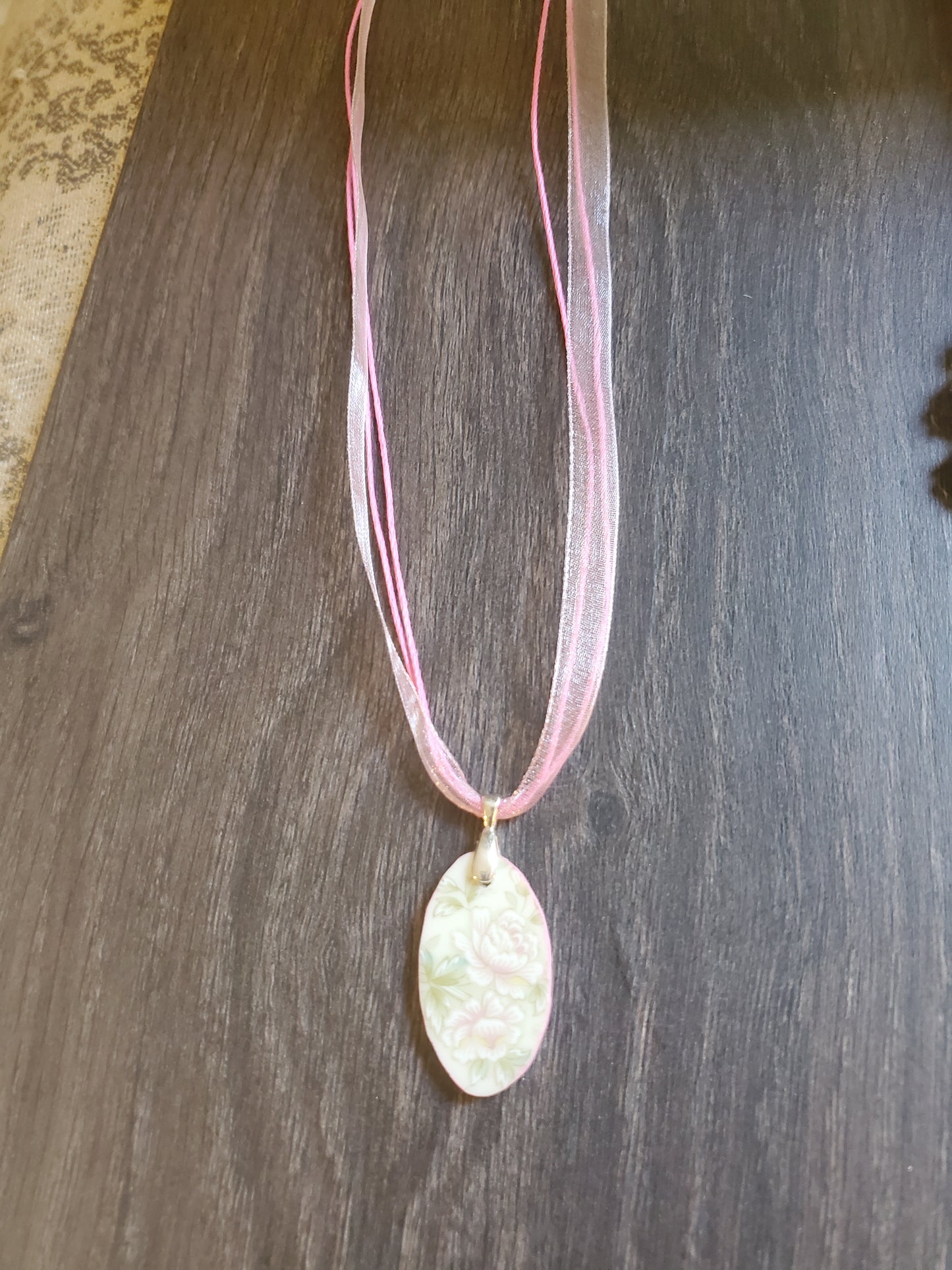 10" pink ribbon and cord Oval broken china necklace