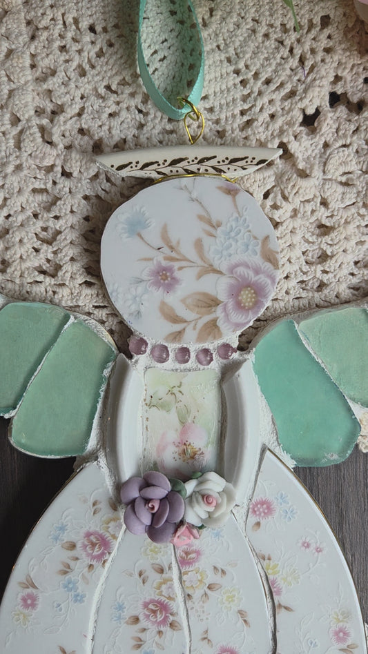 Pink and green flower broken china mosaic angel