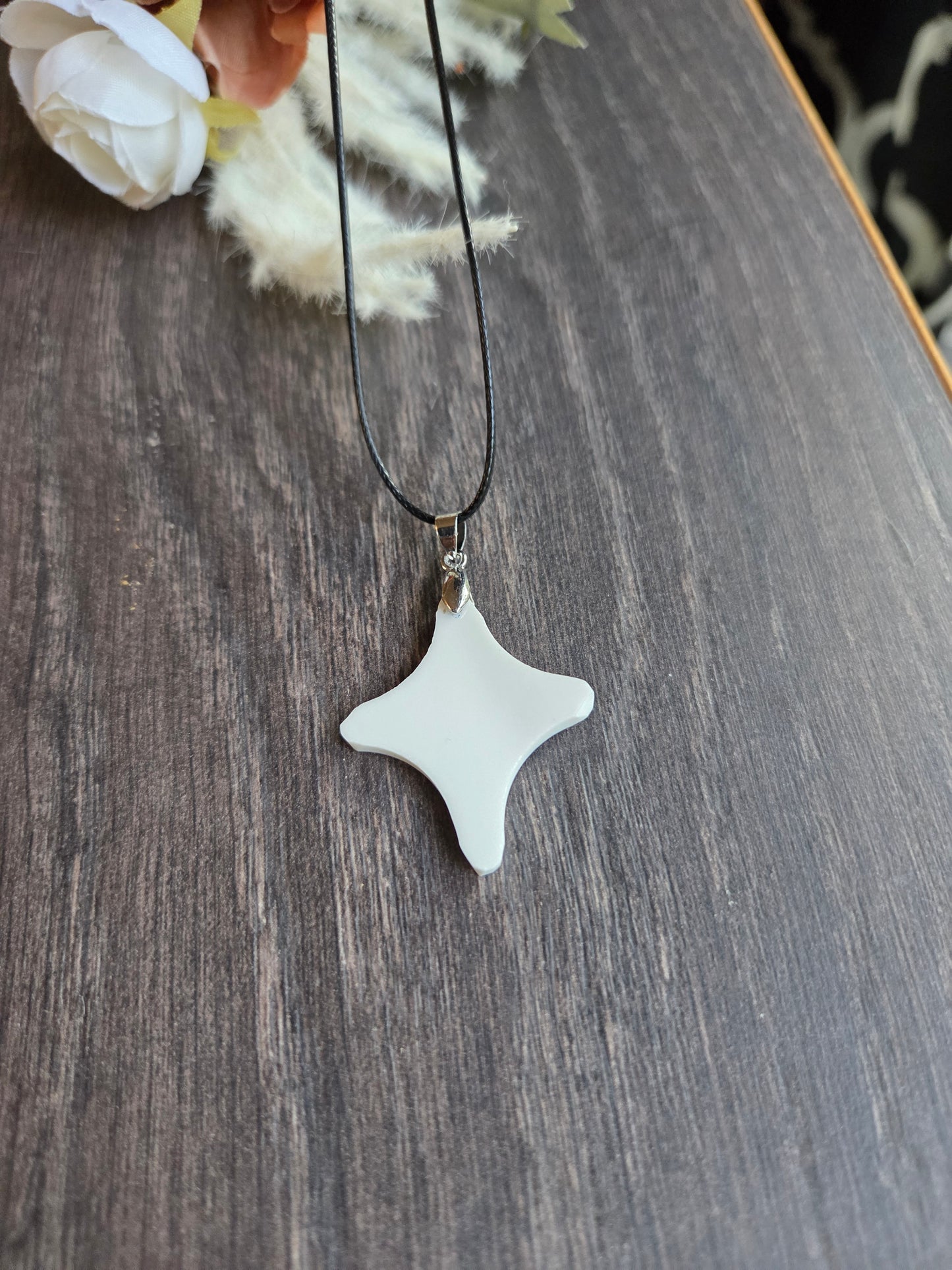 11" White Broken china rounded cross necklace on leather cord