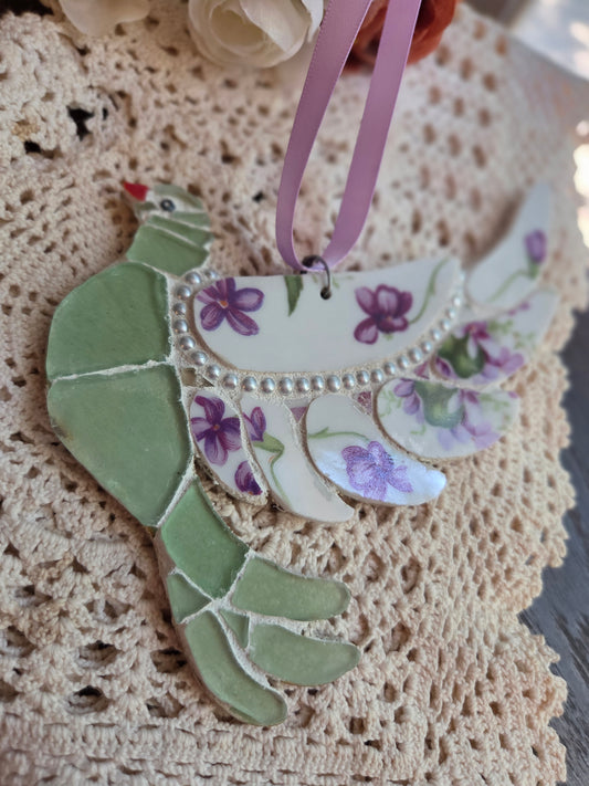 Lavender and Green Broken China Mosaic Dove