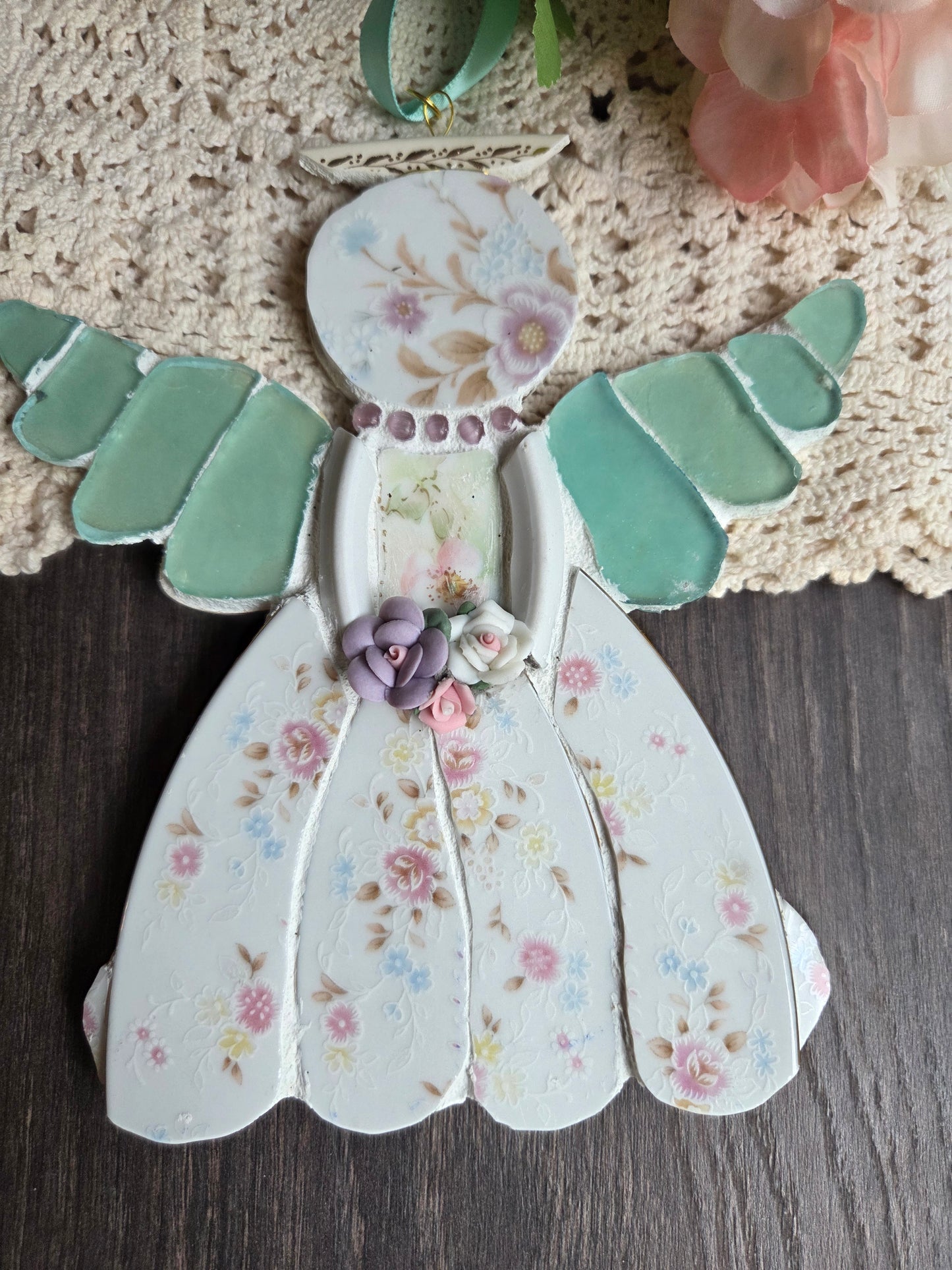 Pink and green flower broken china mosaic angel