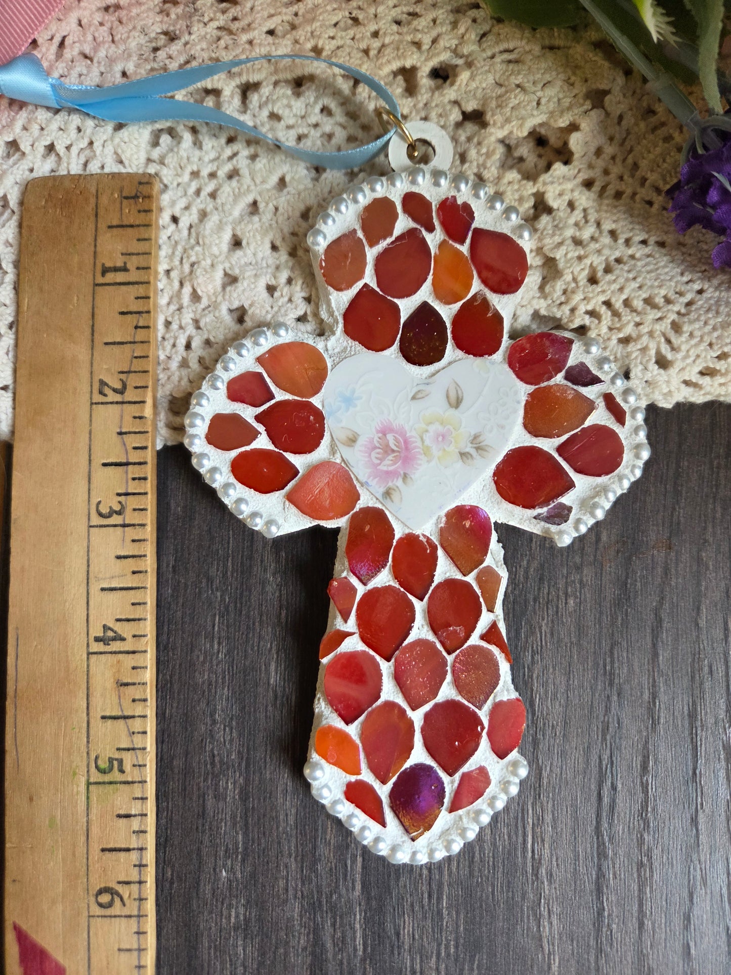 Red and white Broken china cross